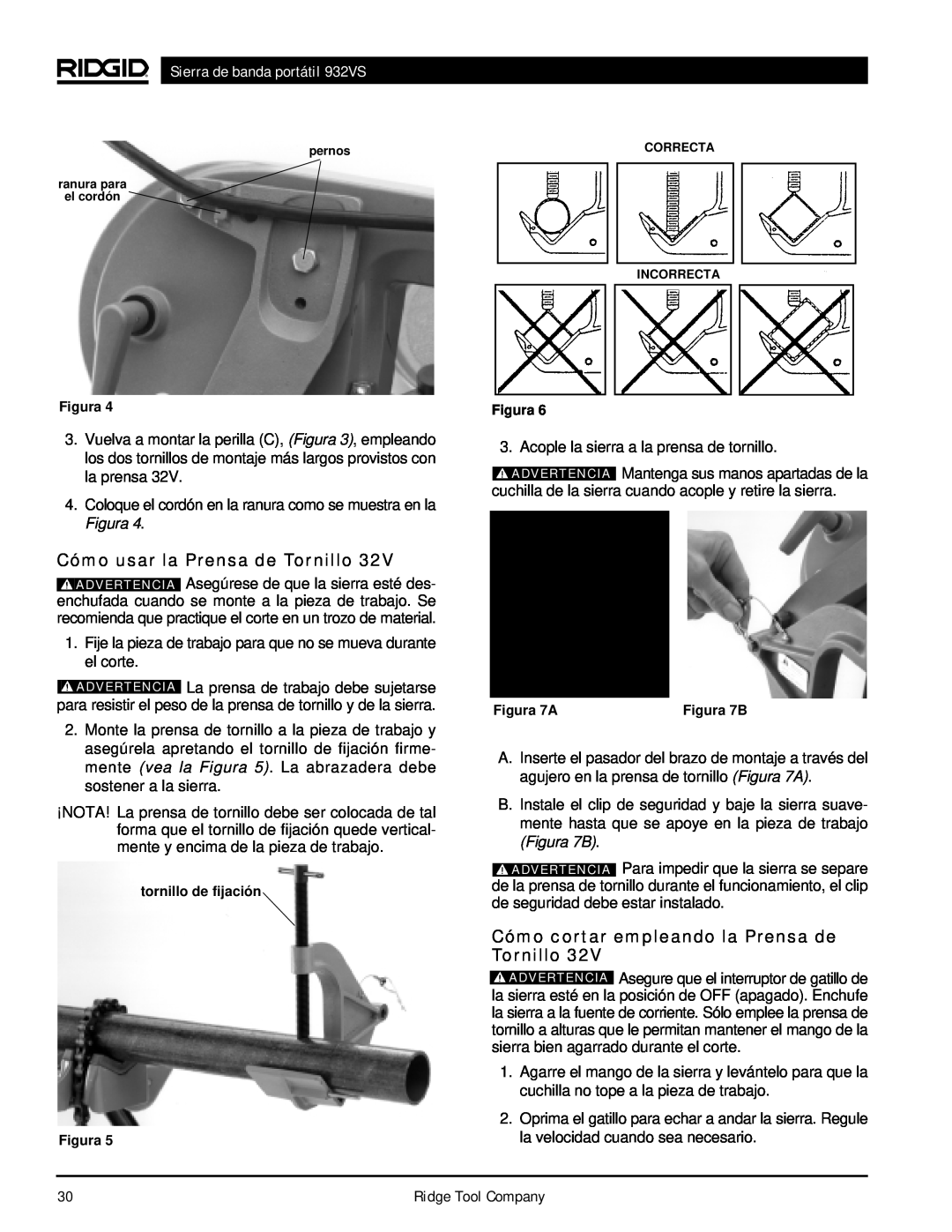 RIDGID Cómo usar la Prensa de Tornillo, Cómo cortar empleando la Prensa de Tornillo, Sierra de banda portátil 932VS 