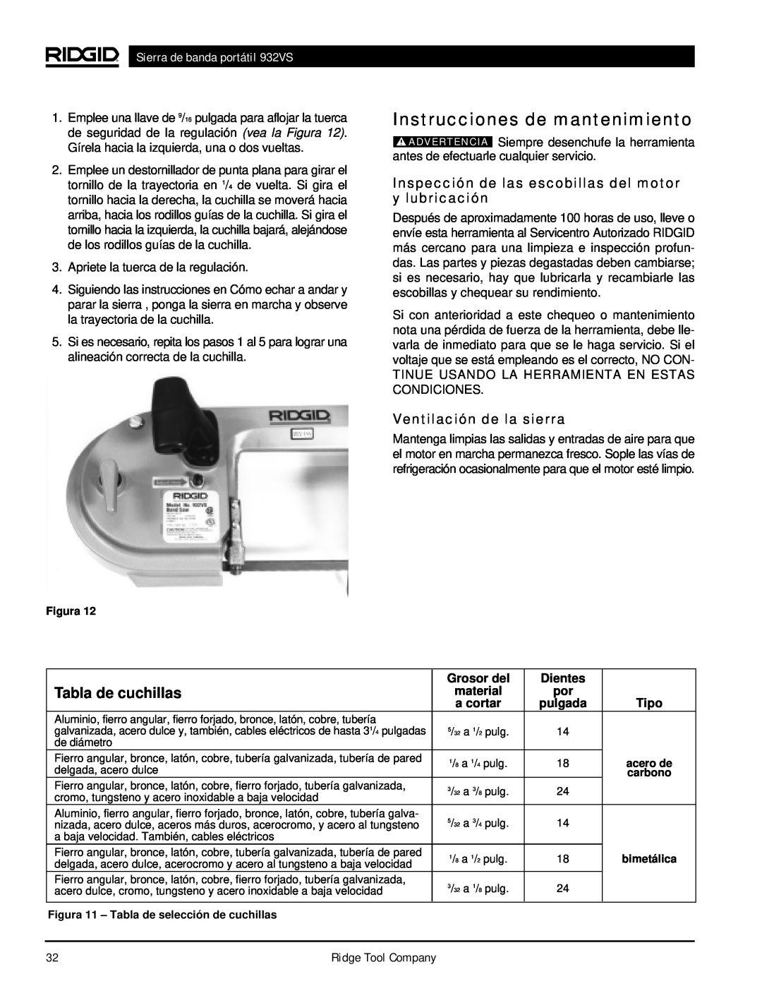 RIDGID 932VS Instrucciones de mantenimiento, Tabla de cuchillas, Inspección de las escobillas del motor y lubricación 