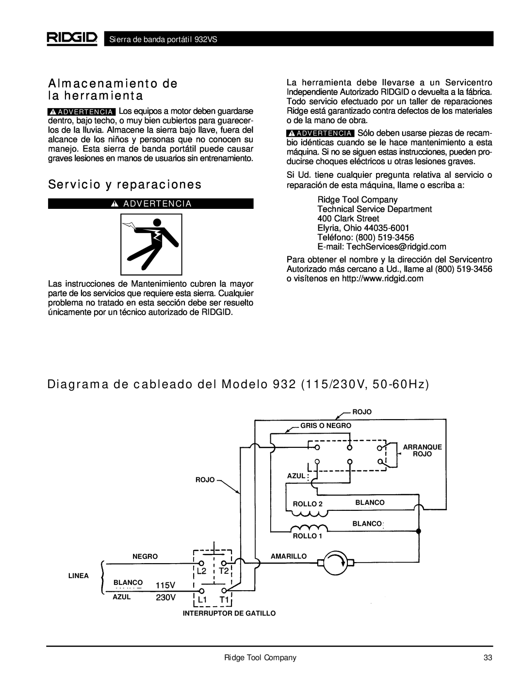 RIDGID manual Almacenamiento de la herramienta, Servicio y reparaciones, Sierra de banda portátil 932VS, Advertencia 