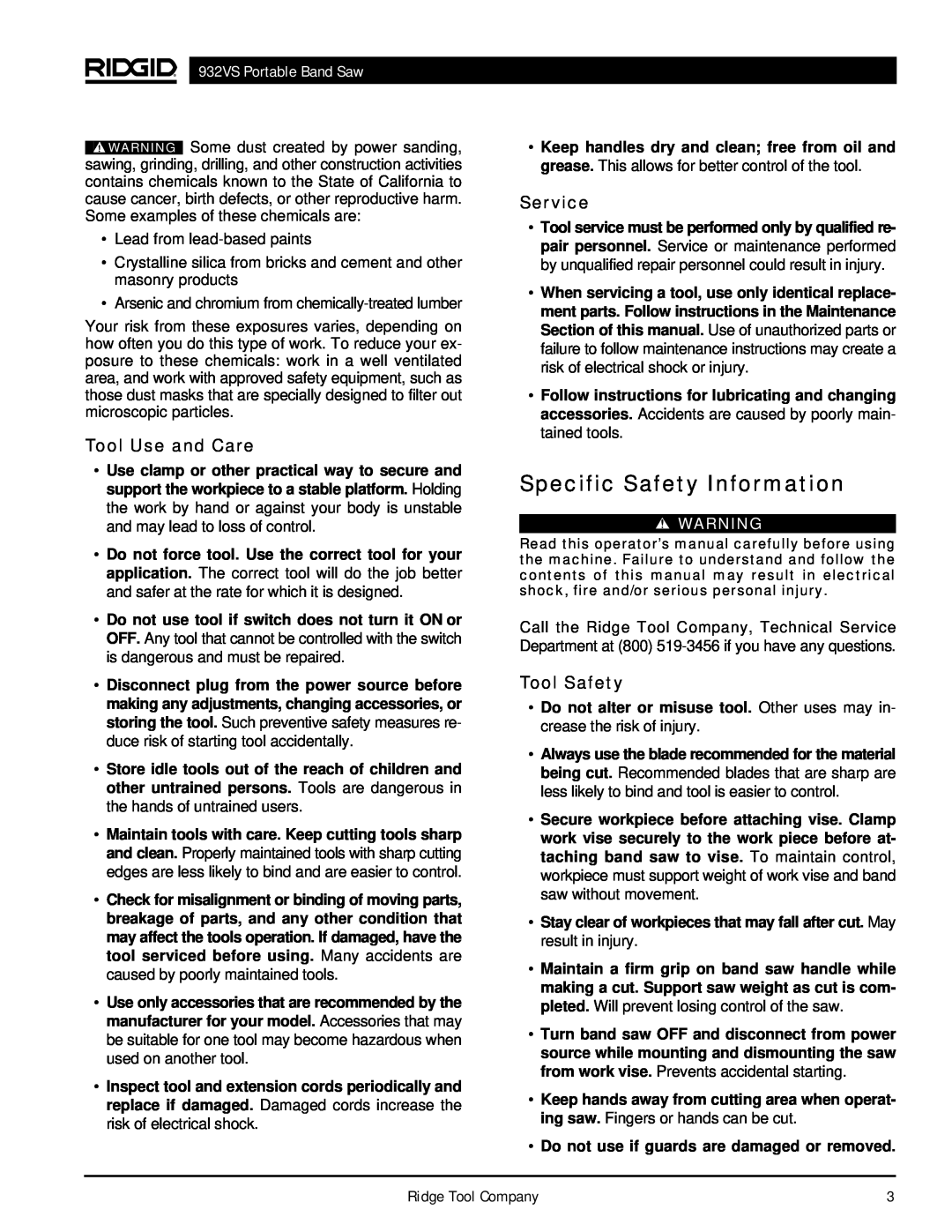 RIDGID manual Specific Safety Information, Tool Use and Care, Service, Tool Safety, 932VS Portable Band Saw 