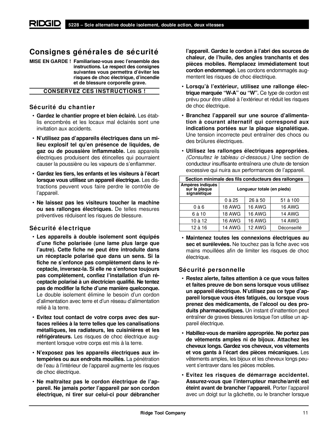 RIDGID 5228 manual Consignes générales de sécurité, Sécurité du chantier, Sécurité électrique, Sécurité personnelle 