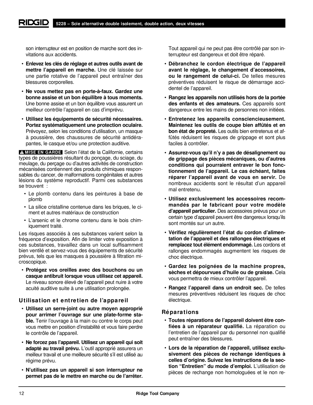 RIDGID 5228 manual Utilisation et entretien de l’appareil, Réparations 