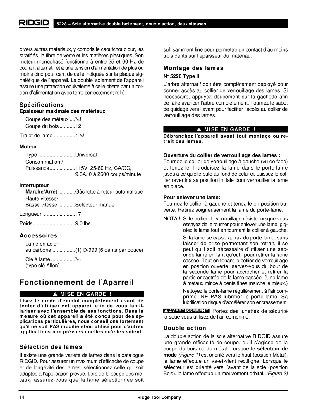 RIDGID 5228 manual Fonctionnement de l’Aparreil 