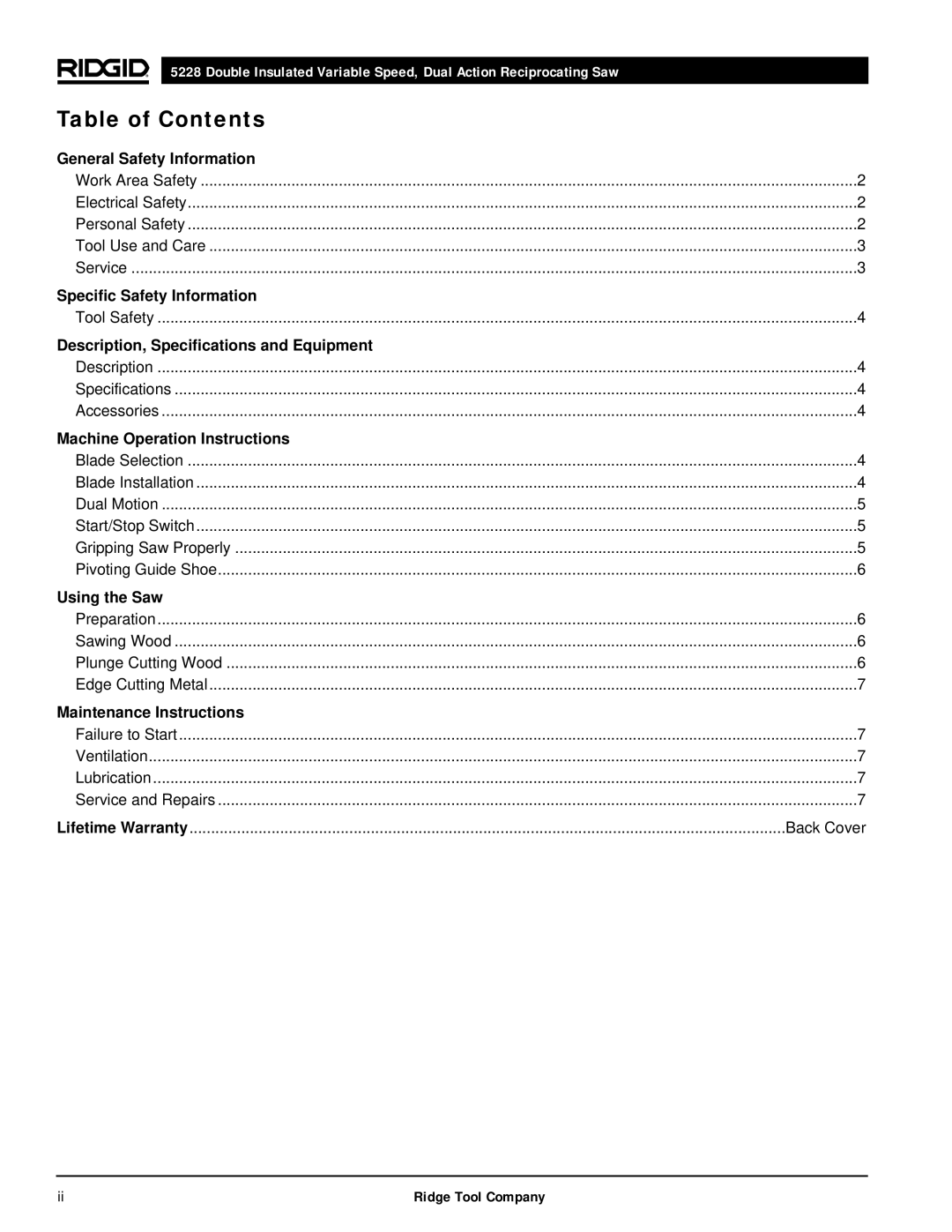 RIDGID 5228 manual Table of Contents 