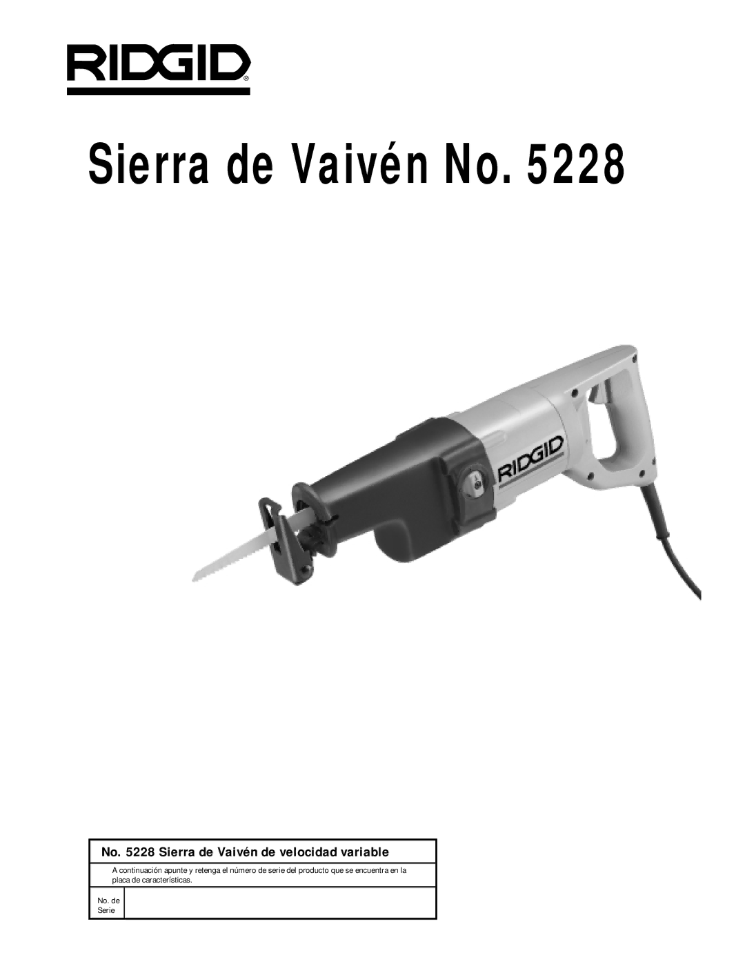 RIDGID 5228 manual Sierra de Vaivén No 