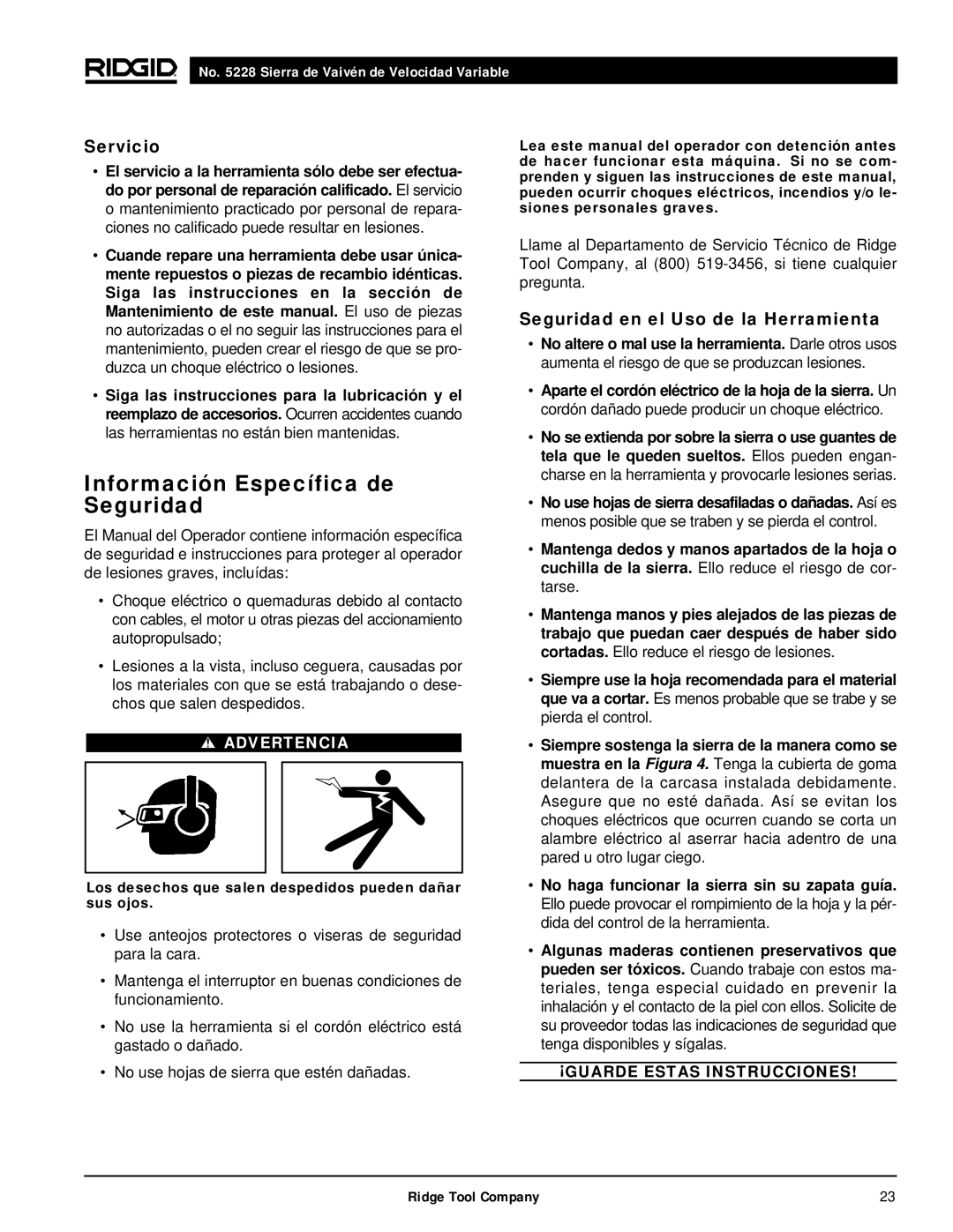 RIDGID 5228 manual Información Específica de Seguridad, Servicio, Seguridad en el Uso de la Herramienta 