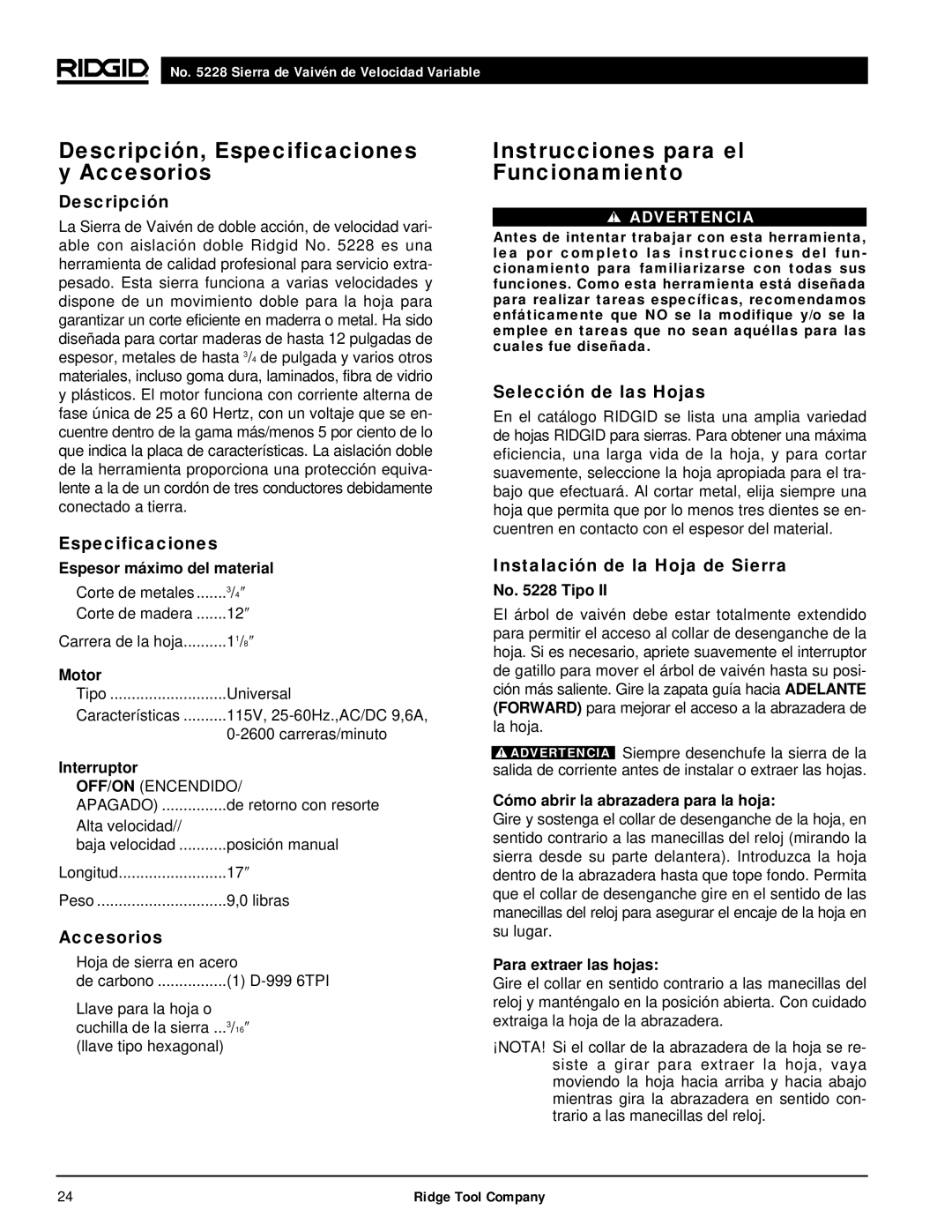 RIDGID 5228 manual Descripción, Especificaciones y Accesorios, Instrucciones para el Funcionamiento 