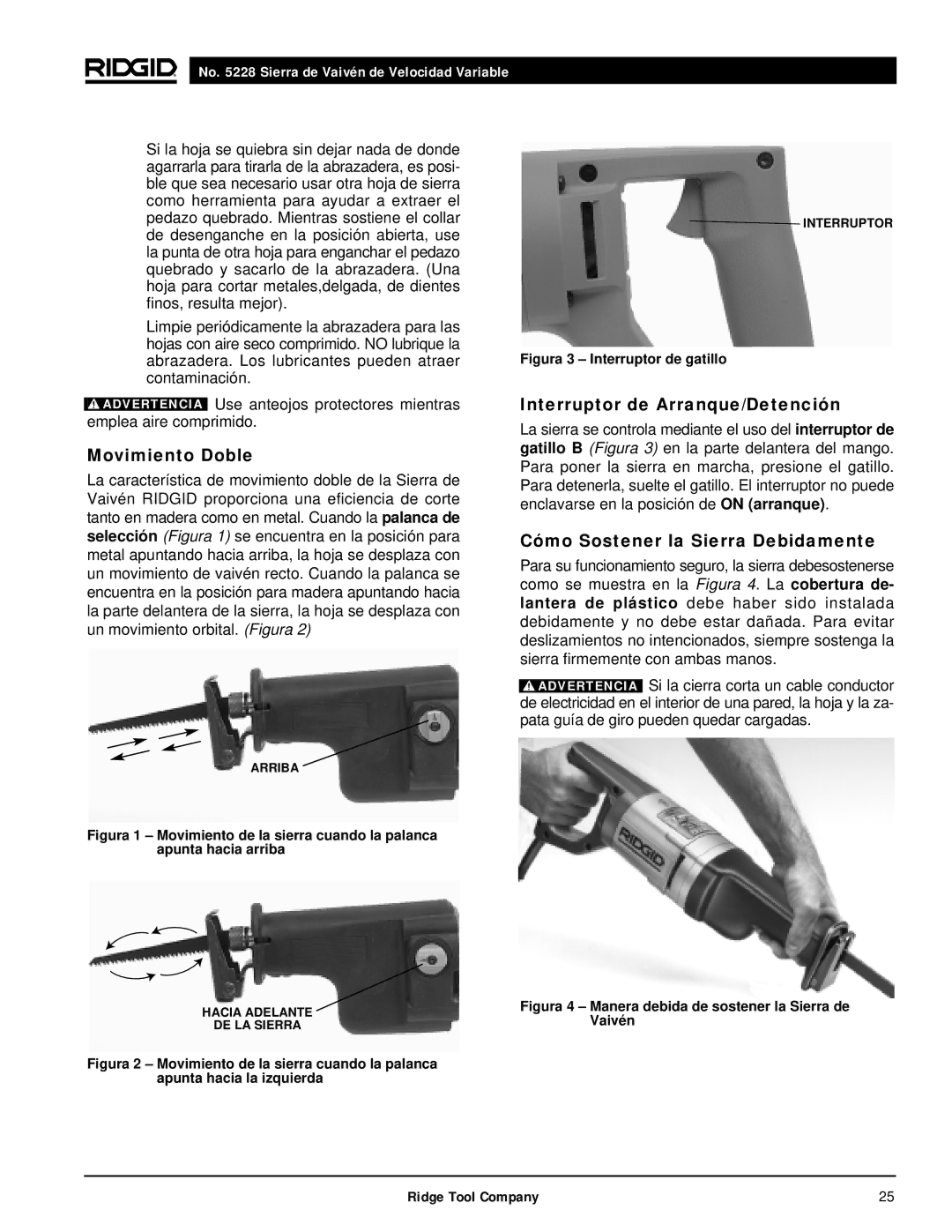 RIDGID 5228 manual Movimiento Doble, Interruptor de Arranque/Detención, Cómo Sostener la Sierra Debidamente 