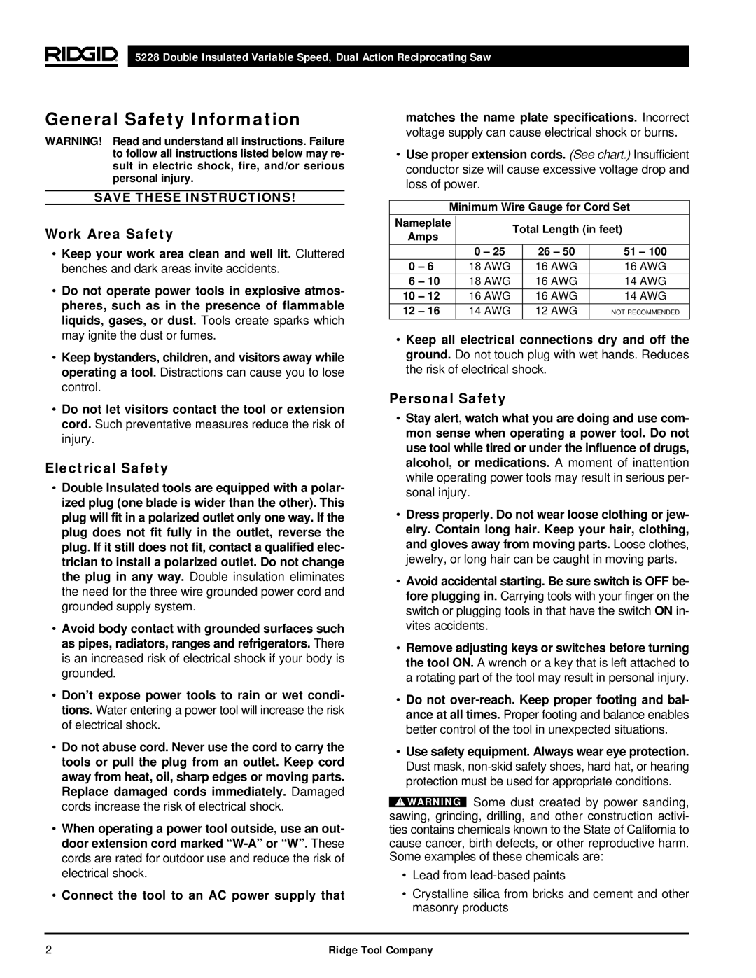 RIDGID 5228 manual General Safety Information, Work Area Safety, Electrical Safety, Personal Safety 