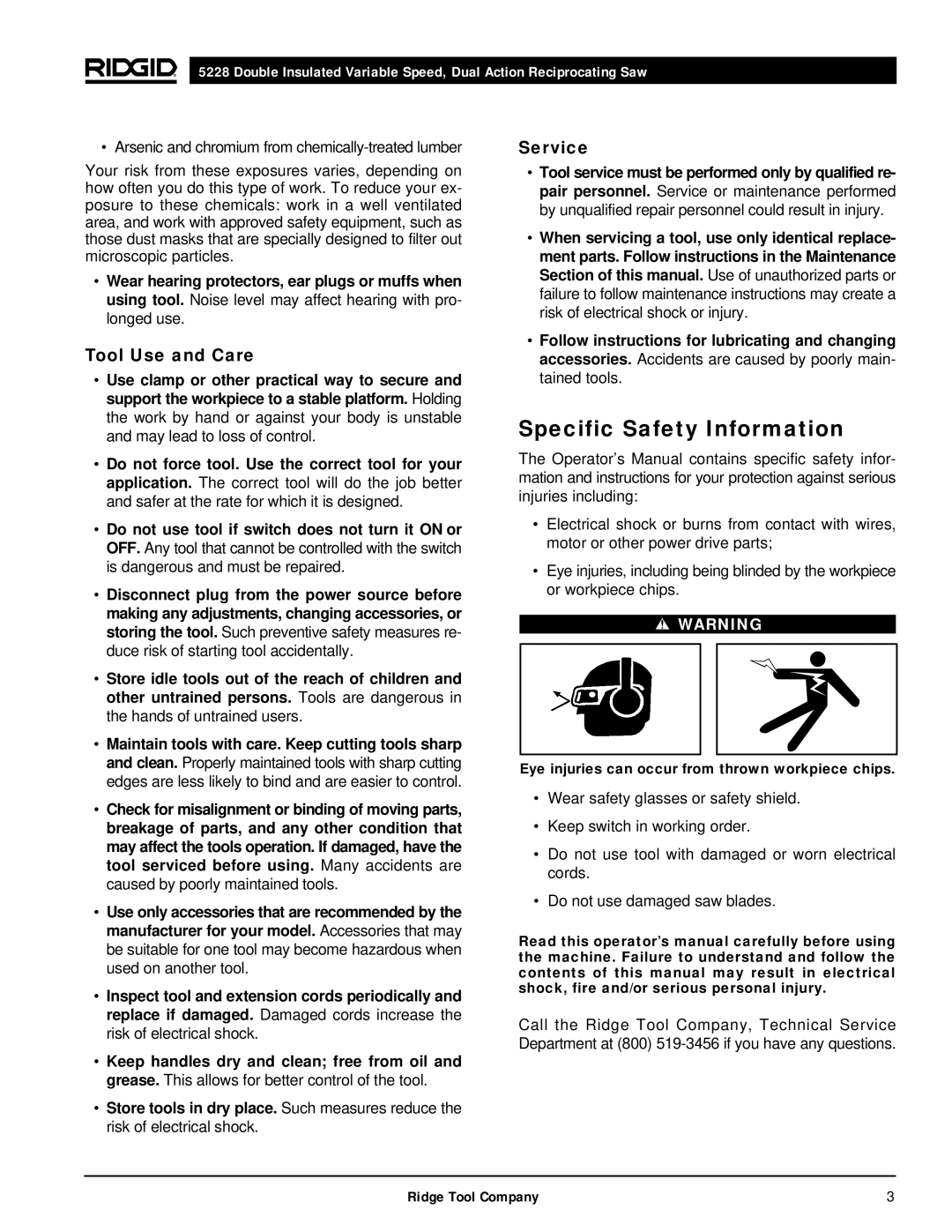 RIDGID 5228 manual Specific Safety Information, Service, Tool Use and Care, Ridge Tool Company 