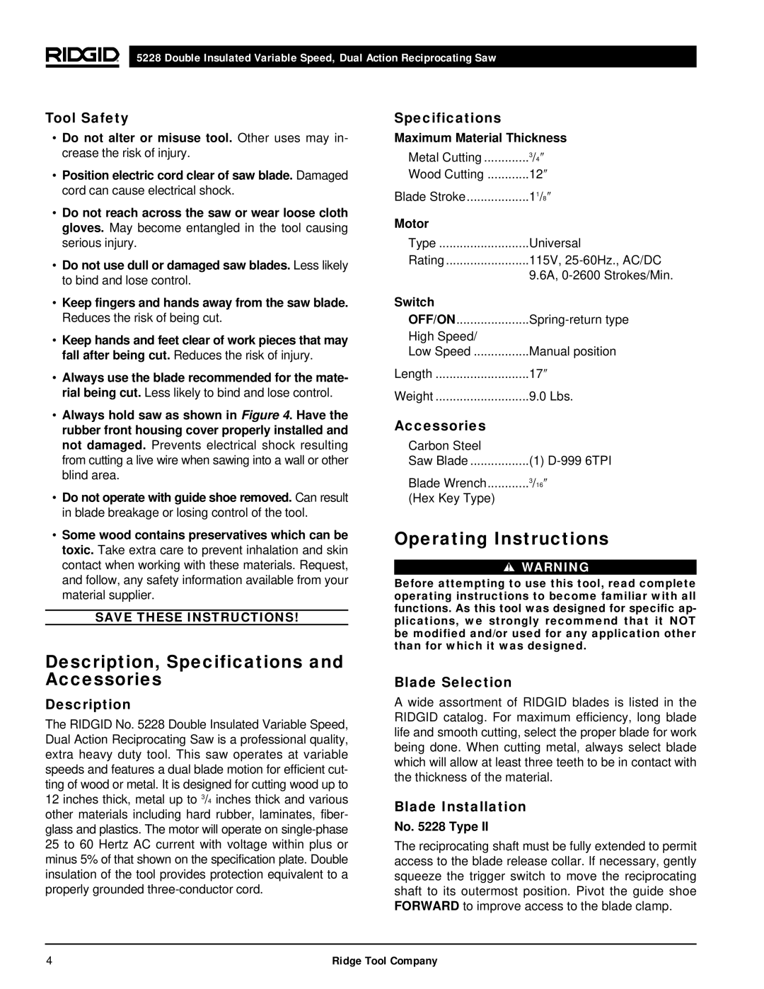 RIDGID 5228 manual Operating Instructions, Description, Specifications and Accessories 