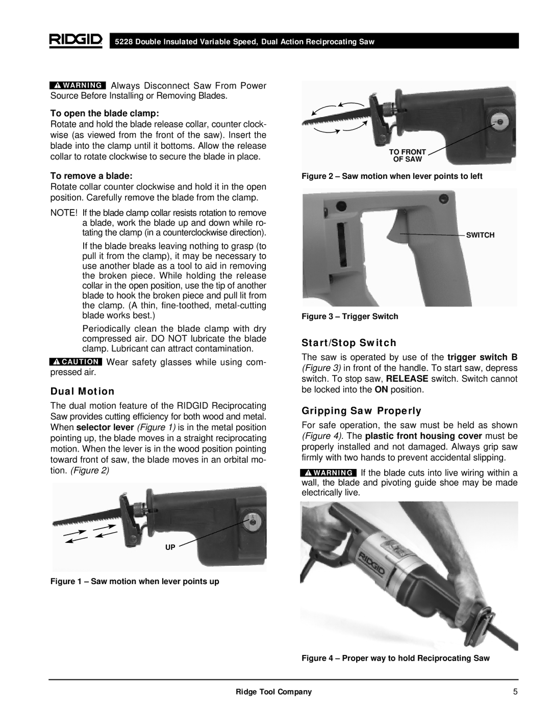 RIDGID 5228 manual Dual Motion, Start/Stop Switch, Gripping Saw Properly, To open the blade clamp, To remove a blade 