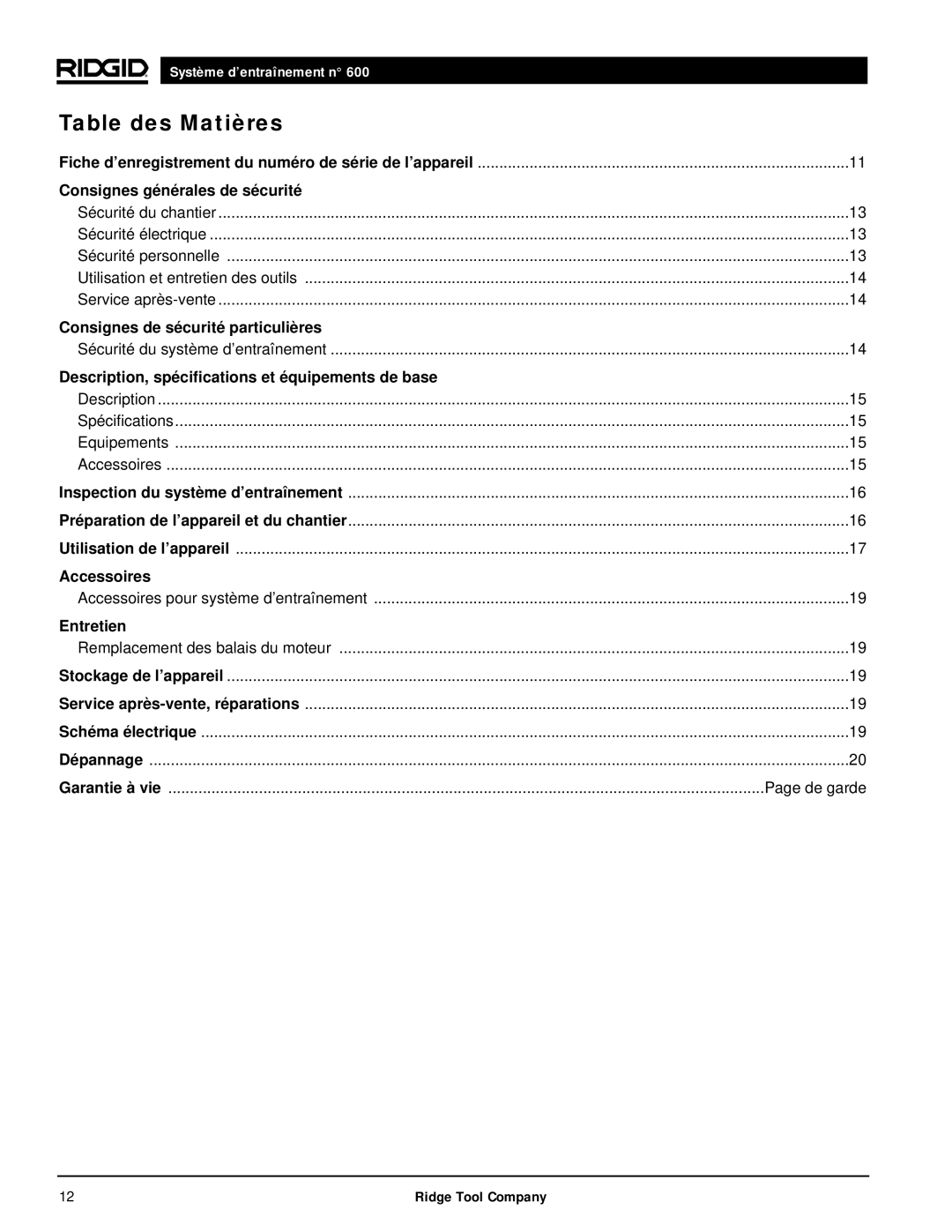 RIDGID 600 manual Table des Matières, De garde 