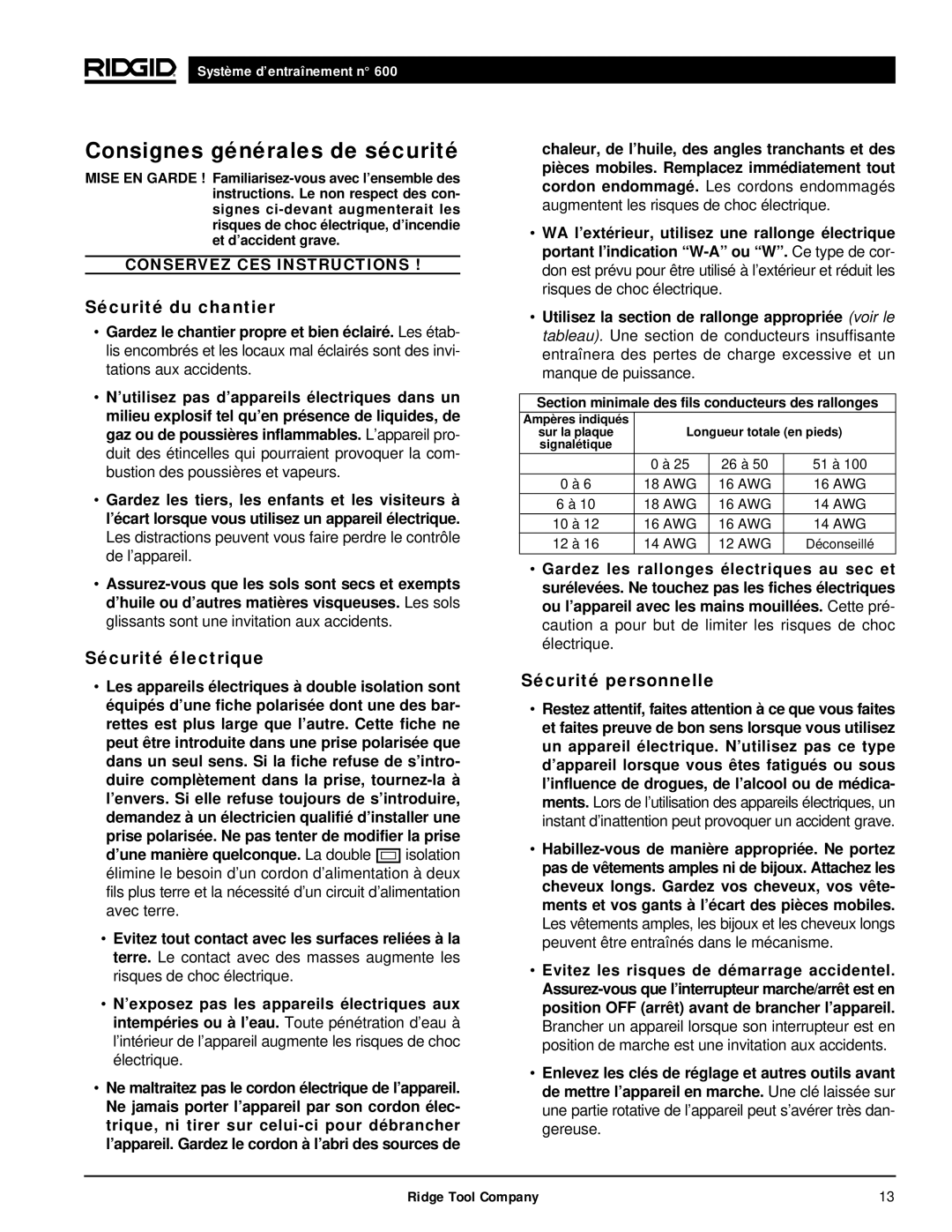 RIDGID 600 manual Consignes générales de sécurité, Sécurité du chantier, Sécurité électrique, Sécurité personnelle 