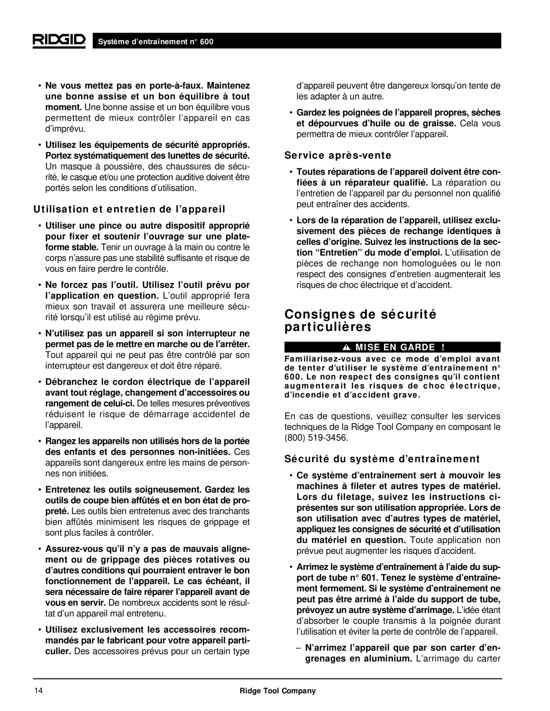 RIDGID 600 manual Consignes de sécurité particulières, Utilisation et entretien de l’appareil, Service après-vente 