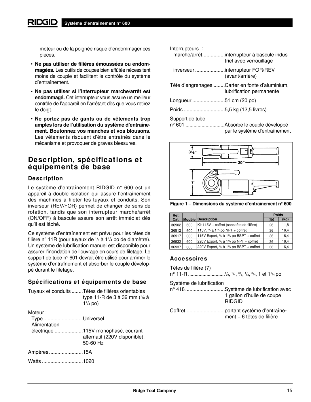 RIDGID 600 manual Description, spécifications et équipements de base, Spécifications et équipements de base, Accessoires 