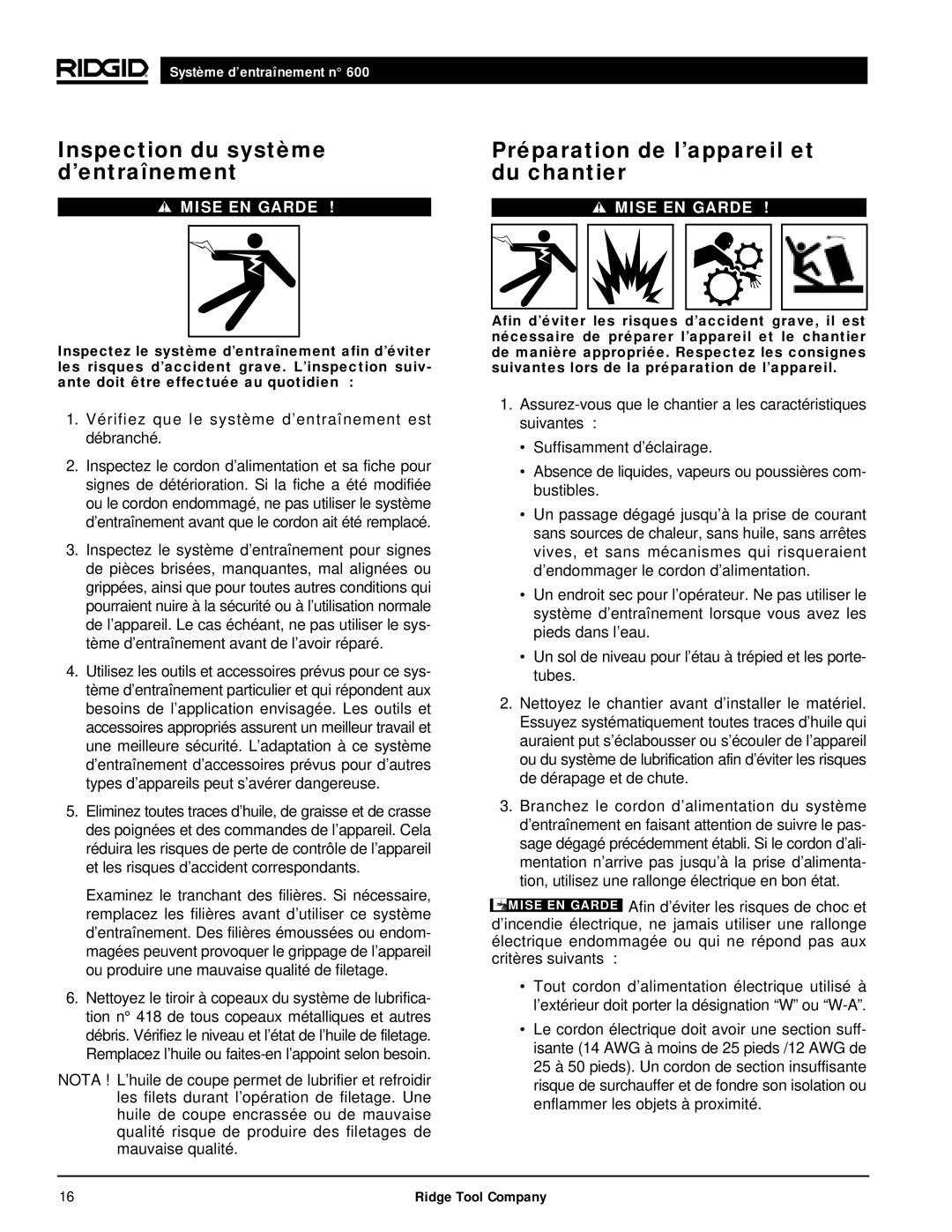 RIDGID 600 manual Inspection du système d’entraînement, Préparation de l’appareil et du chantier 