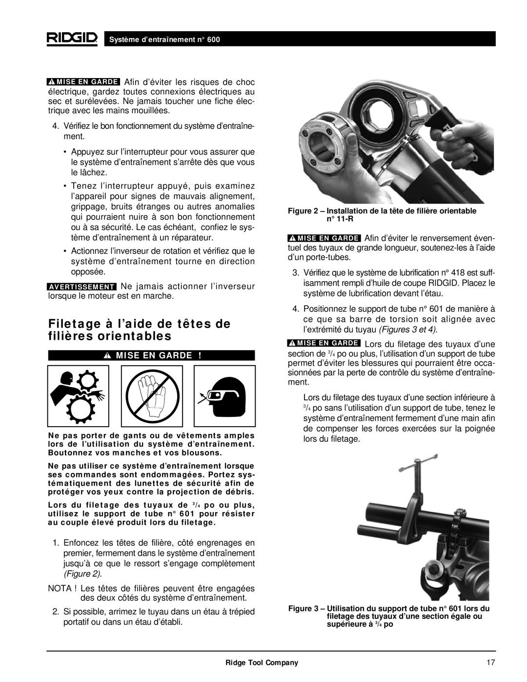 RIDGID 600 manual Filetage à l’aide de têtes de filières orientables, Installation de la tête de filière orientable n 11-R 