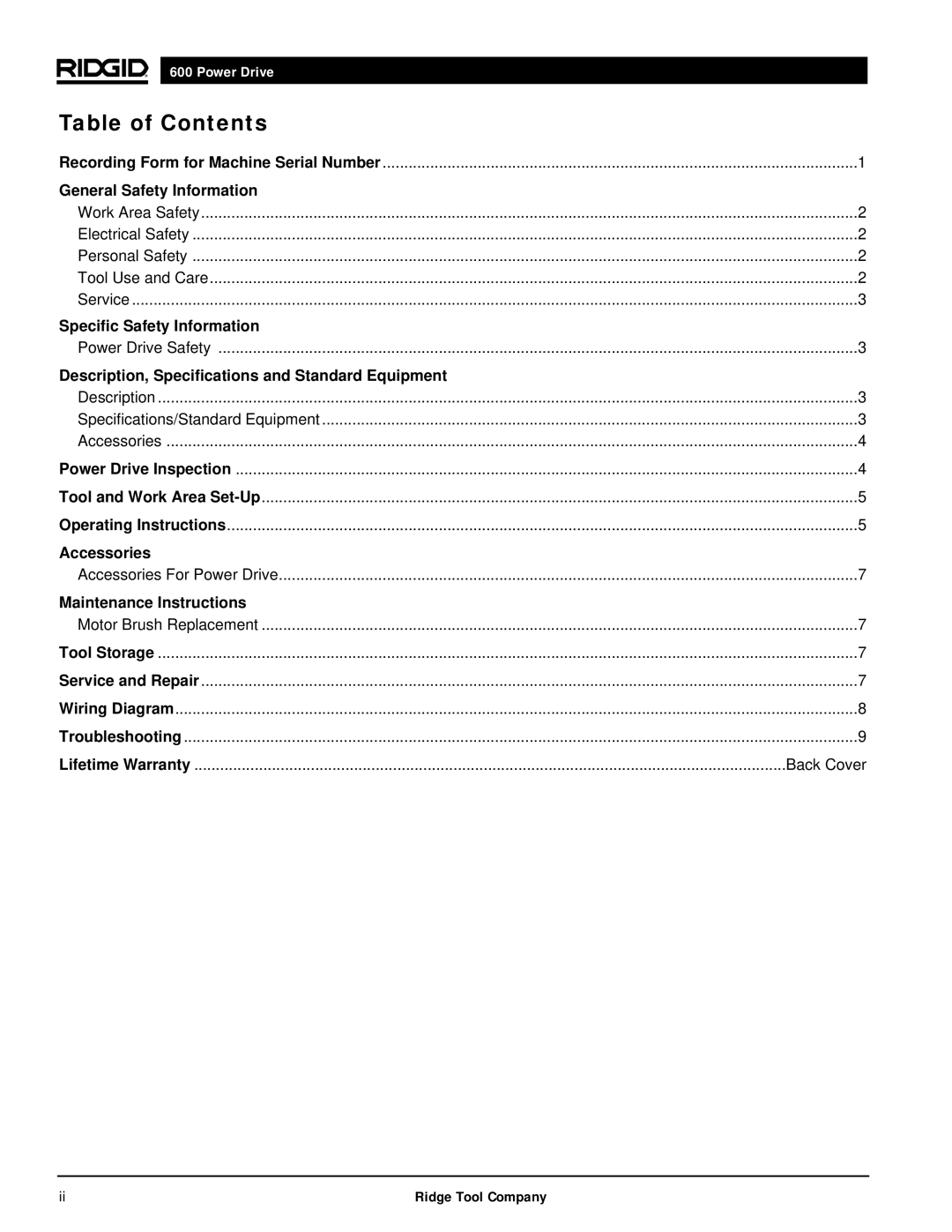 RIDGID 600 manual Table of Contents 