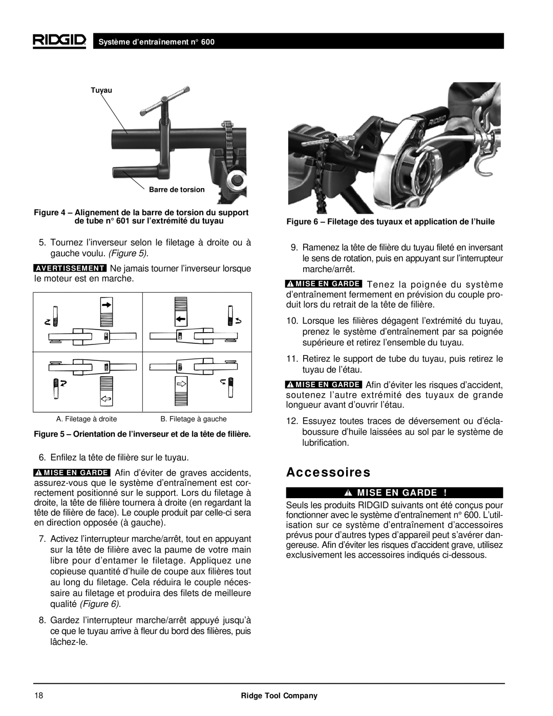 RIDGID 600 manual Accessoires, Orientation de l’inverseur et de la tête de filière 