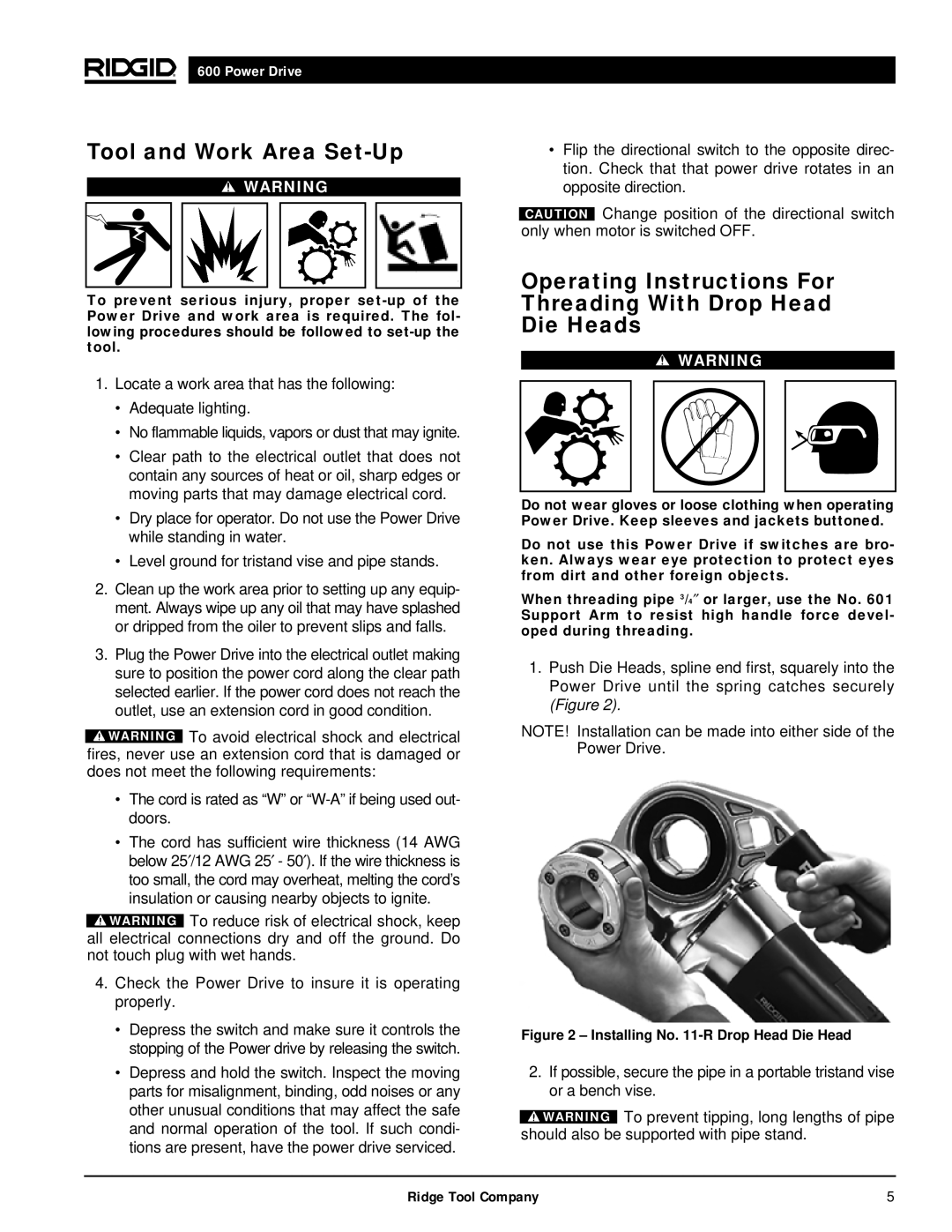 RIDGID 600 manual Tool and Work Area Set-Up, Cord is rated as W or W-A if being used out- doors 