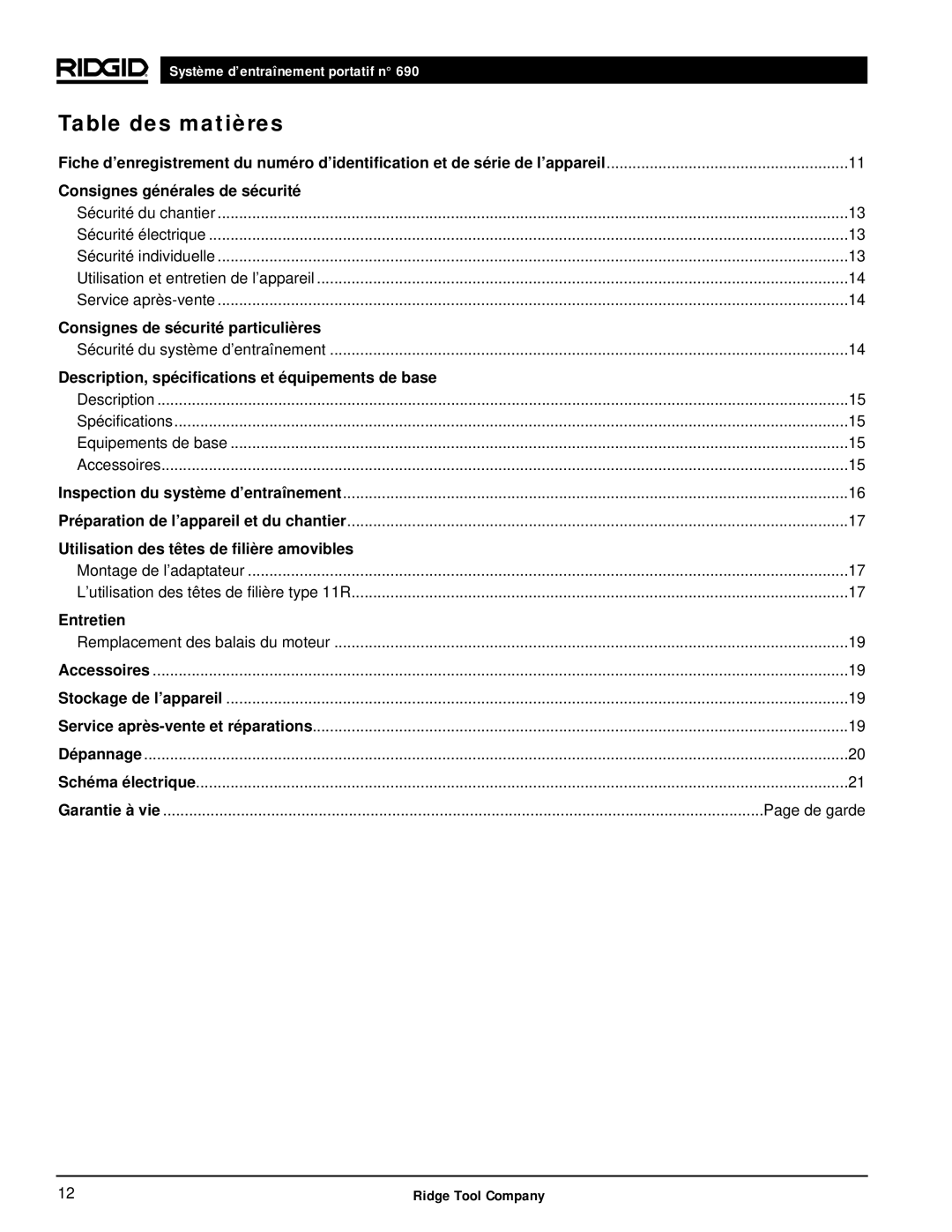 RIDGID 690 manual Table des matières, Consignes générales de sécurité 