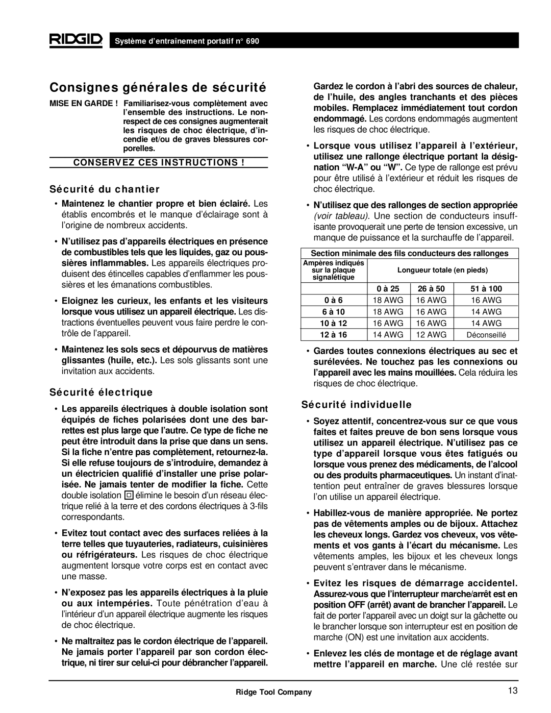 RIDGID 690 manual Consignes générales de sécurité, Sécurité du chantier, Sécurité électrique, Sécurité individuelle 