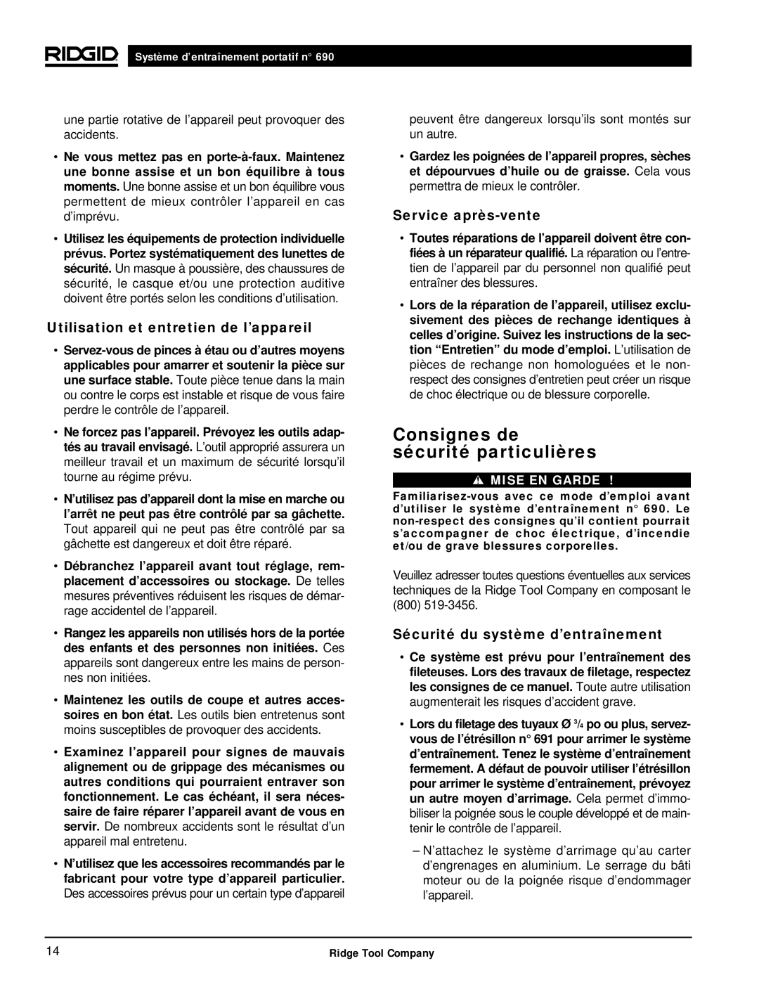 RIDGID 690 manual Consignes de sécurité particulières, Utilisation et entretien de l’appareil, Service après-vente 