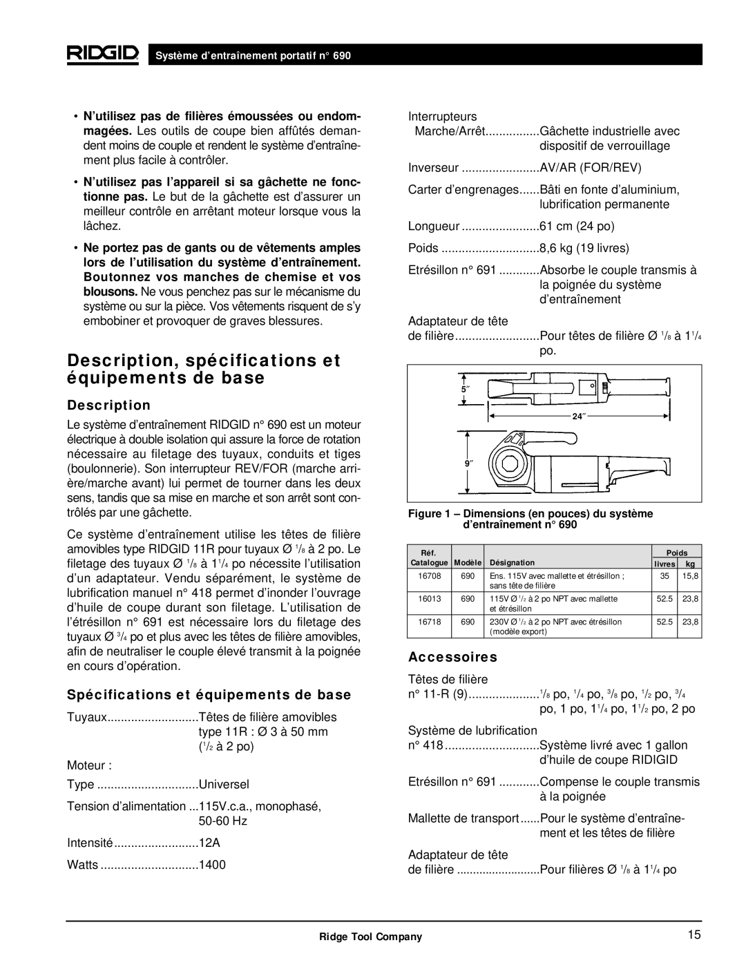 RIDGID 690 manual Description, spécifications et équipements de base, Spécifications et équipements de base, Accessoires 