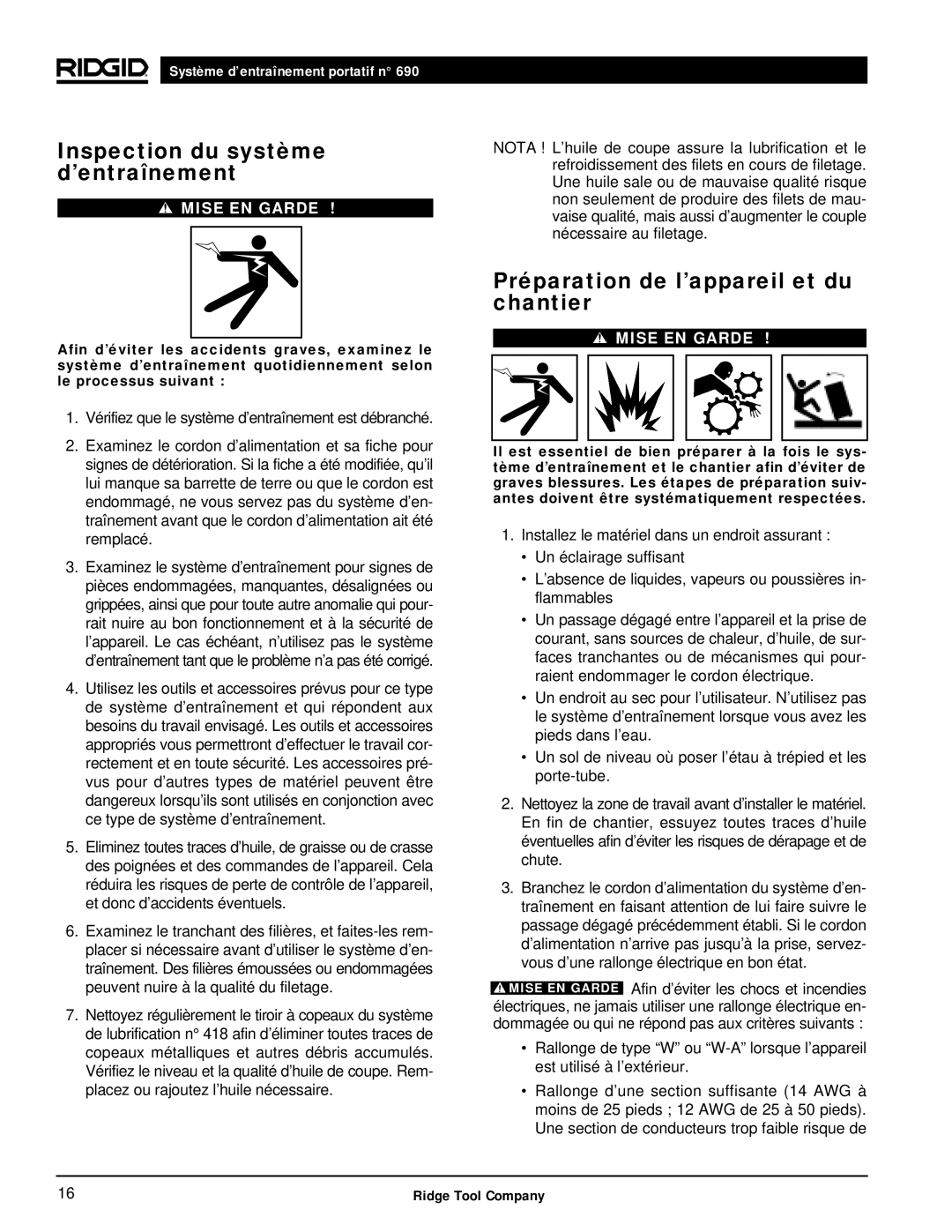 RIDGID 690 manual Inspection du système d’entraînement, Préparation de l’appareil et du chantier 