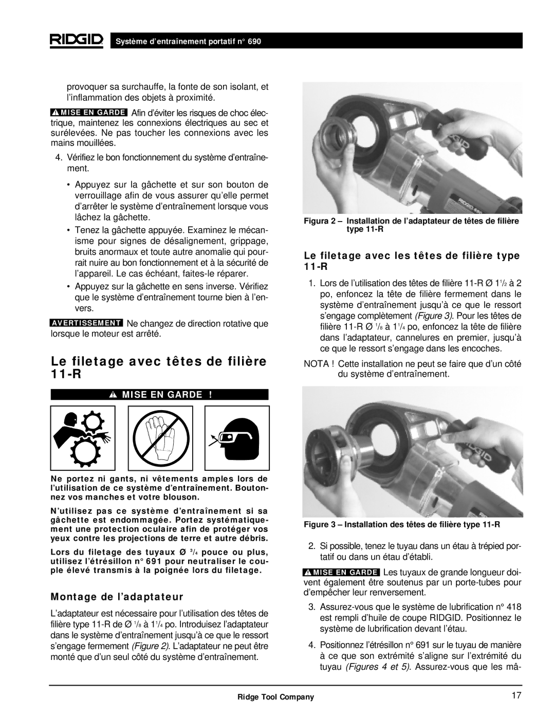 RIDGID 690 manual Le filetage avec têtes de filière 11-R, Montage de l’adaptateur 