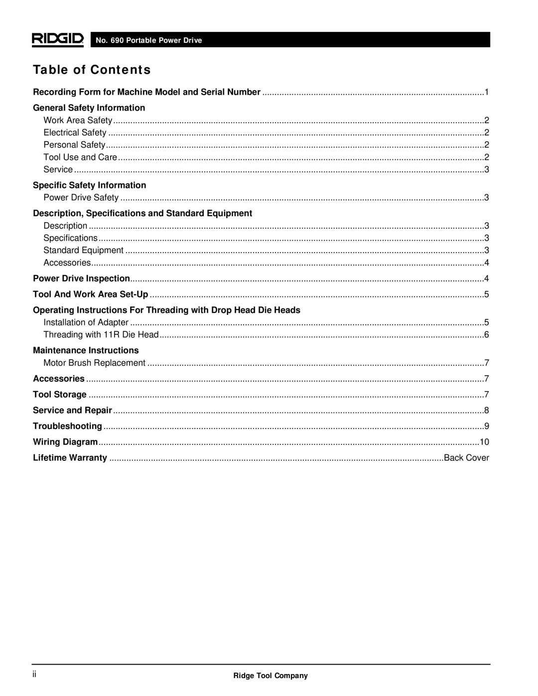 RIDGID 690 manual Table of Contents 