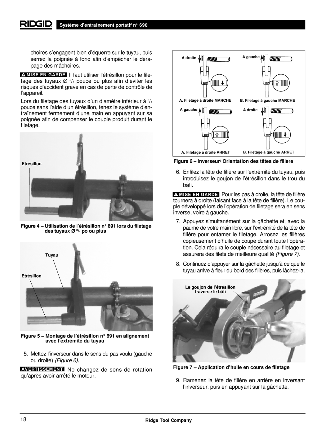 RIDGID 690 manual Inverseur/ Orientation des têtes de filière 