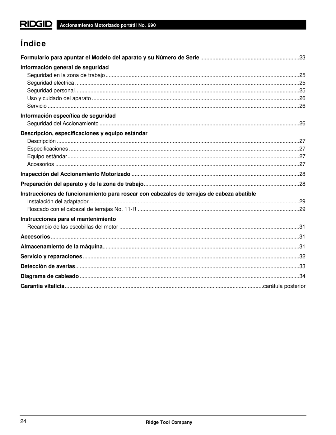 RIDGID 690 manual Índice, Información general de seguridad 