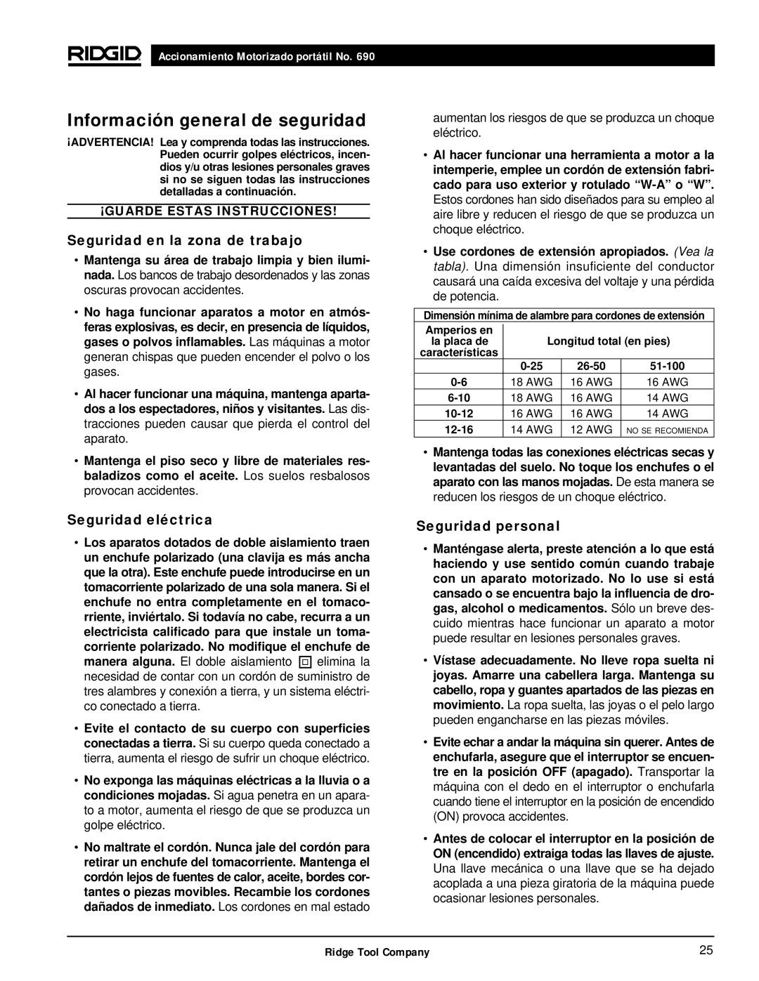 RIDGID 690 Información general de seguridad, Seguridad en la zona de trabajo, Seguridad eléctrica, Seguridad personal 