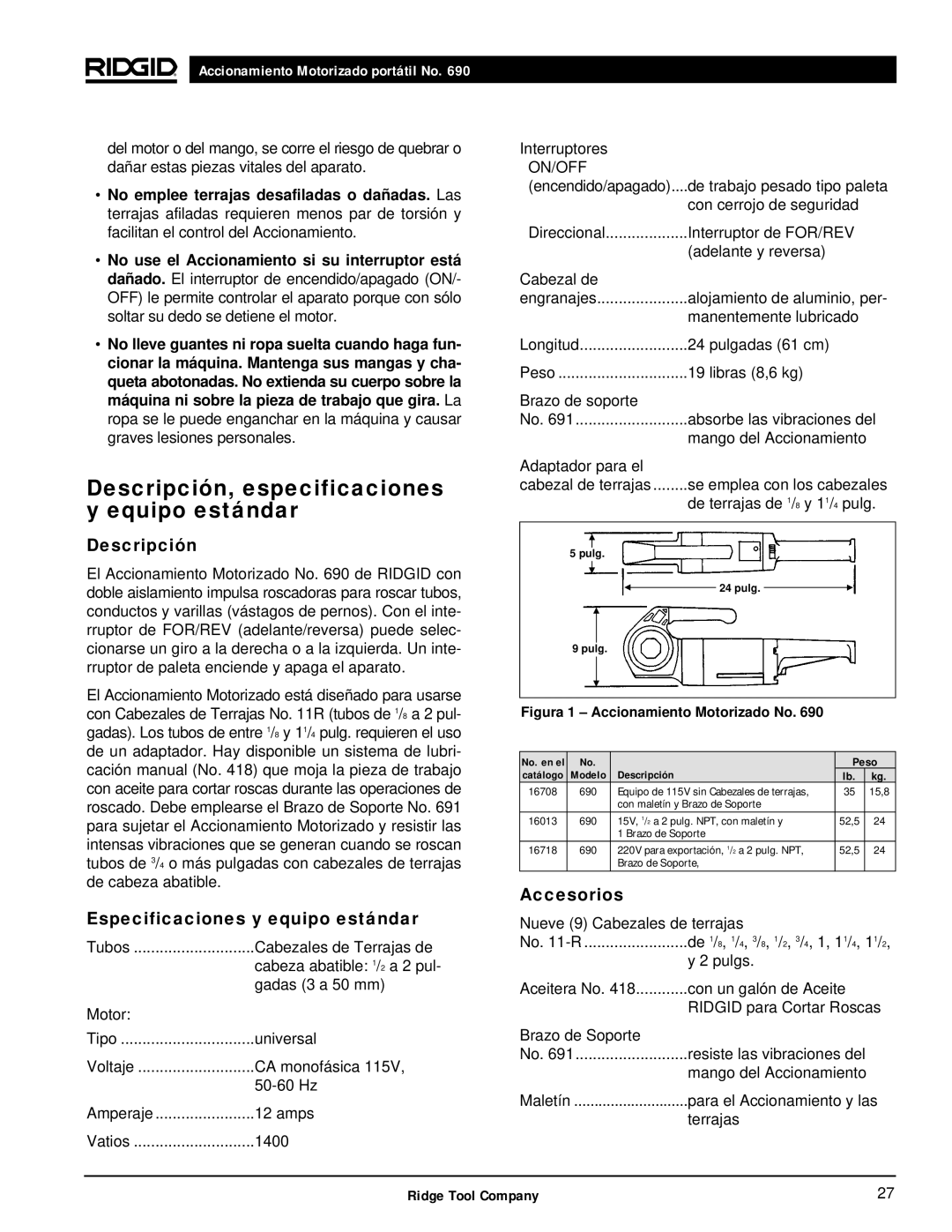 RIDGID 690 manual Descripción, especificaciones y equipo estándar, Especificaciones y equipo estándar, Accesorios 