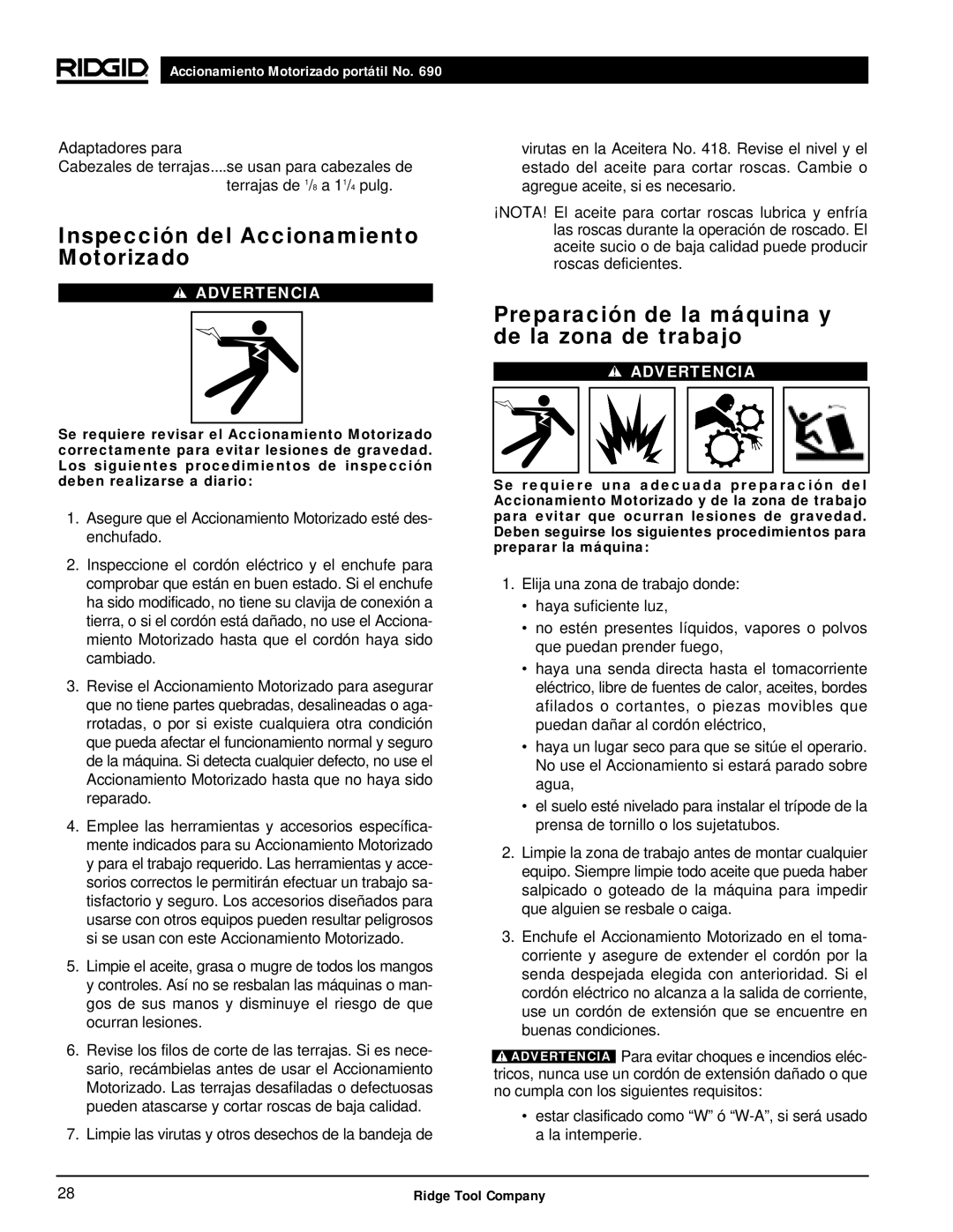 RIDGID 690 manual Inspección del Accionamiento Motorizado, Preparación de la máquina y de la zona de trabajo 