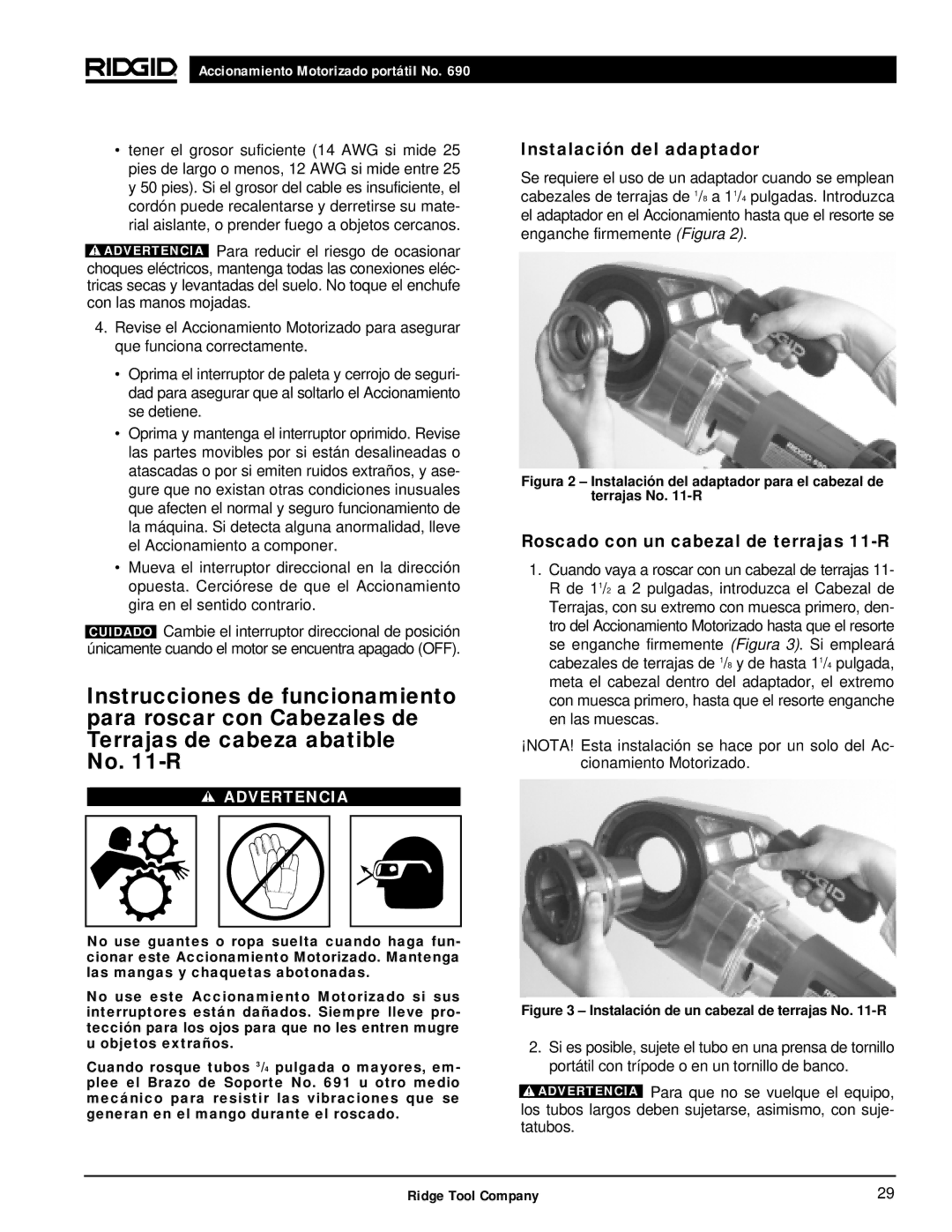 RIDGID 690 manual Instalación del adaptador, Roscado con un cabezal de terrajas 11-R 