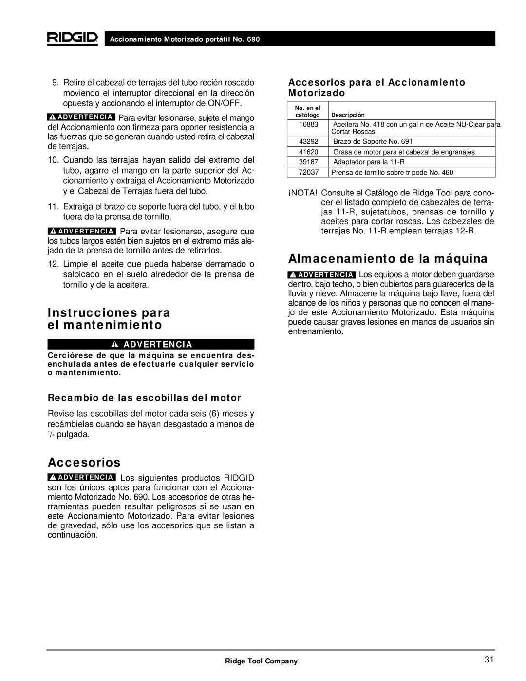 RIDGID 690 manual Instrucciones para el mantenimiento, Accesorios, Almacenamiento de la máquina 