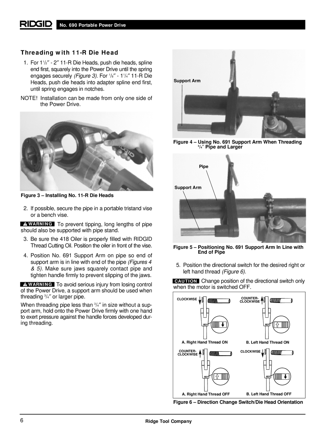 RIDGID 690 manual Threading with 11-R Die Head, Installing No -R Die Heads 