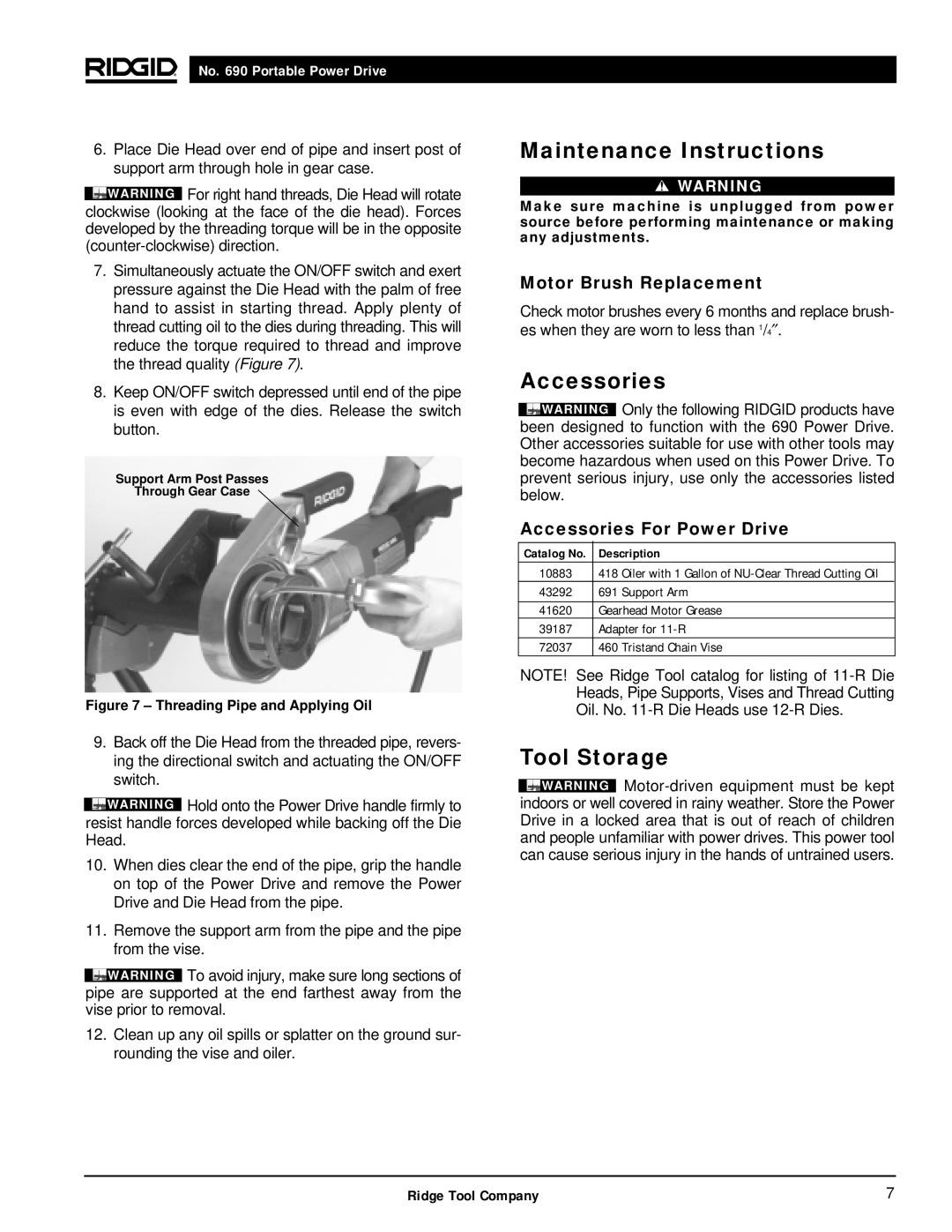 RIDGID 690 manual Maintenance Instructions, Tool Storage, Motor Brush Replacement, Accessories For Power Drive 