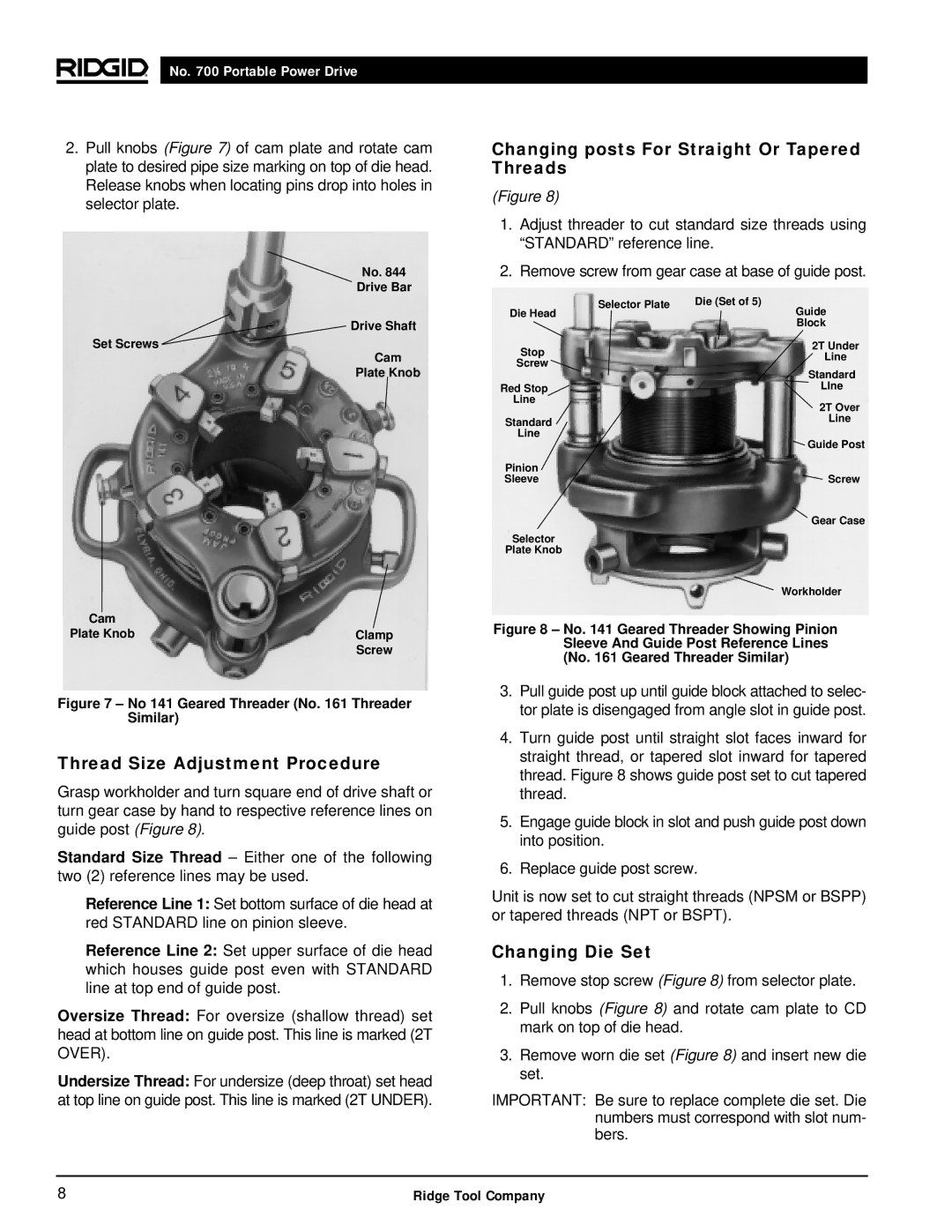 RIDGID 700 manual Thread Size Adjustment Procedure, Changing posts For Straight Or Tapered Threads, Changing Die Set 