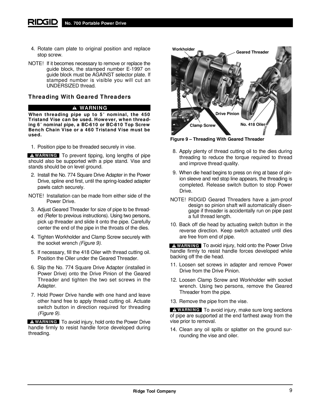 RIDGID 700 manual Threading With Geared Threaders 