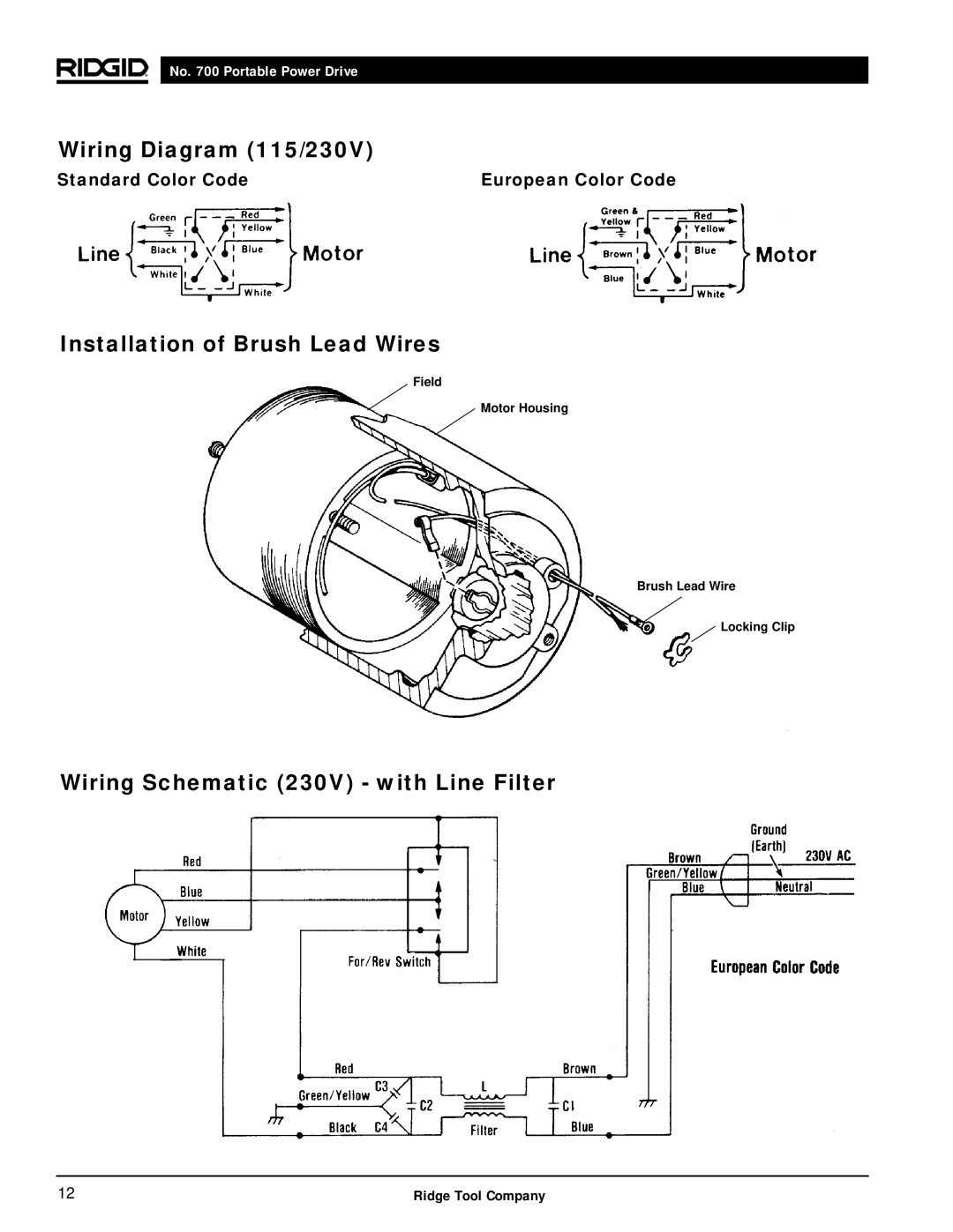 RIDGID 700 manual Wiring Diagram 115/230V, Installation of Brush Lead Wires, Wiring Schematic 230V with Line Filter 