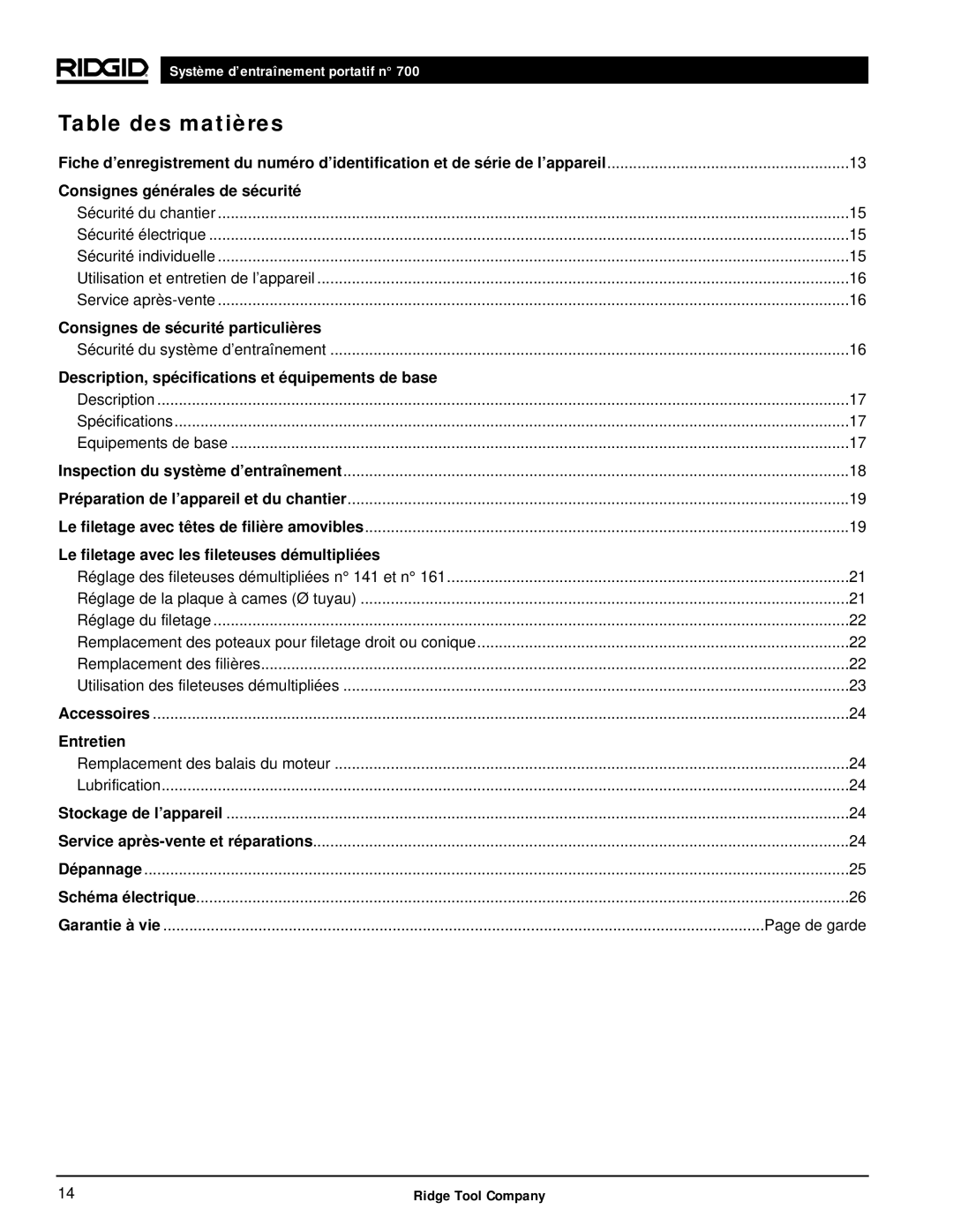 RIDGID 700 manual Table des matières 