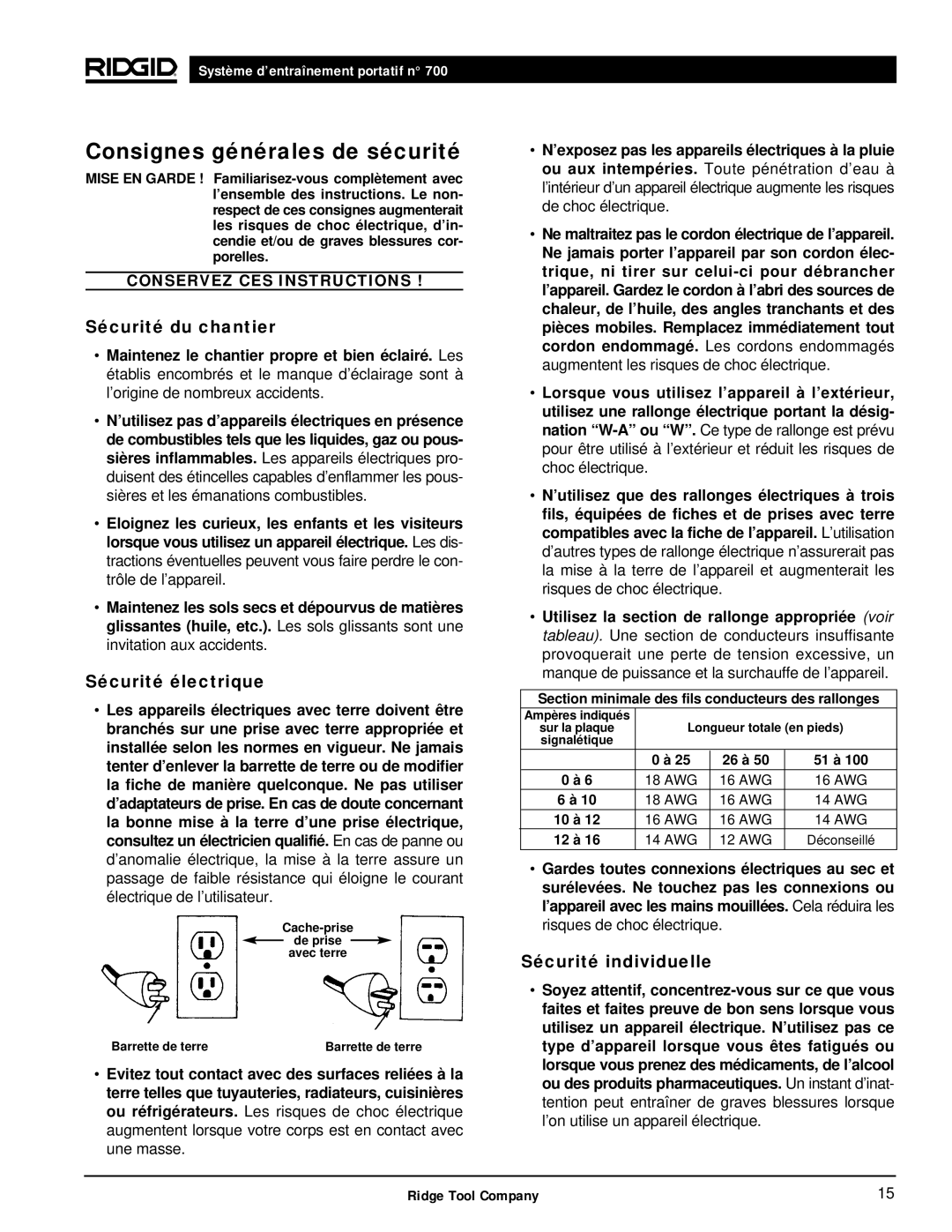 RIDGID 700 manual Consignes générales de sécurité, Sécurité du chantier, Sécurité électrique, Sécurité individuelle 