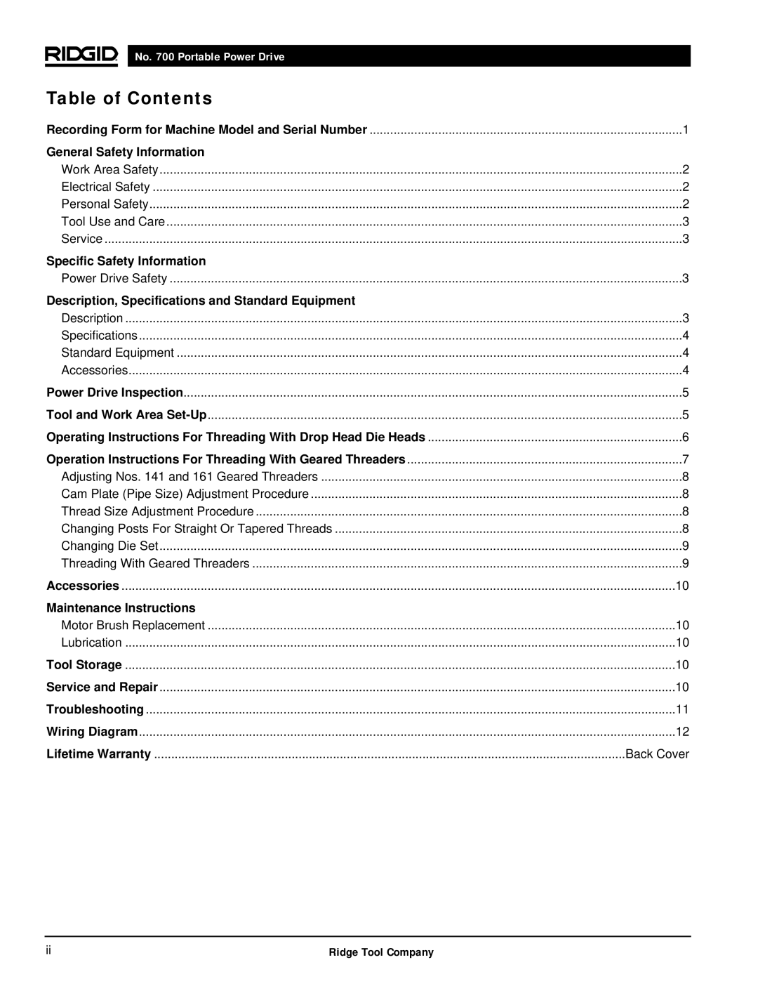 RIDGID 700 manual Table of Contents 