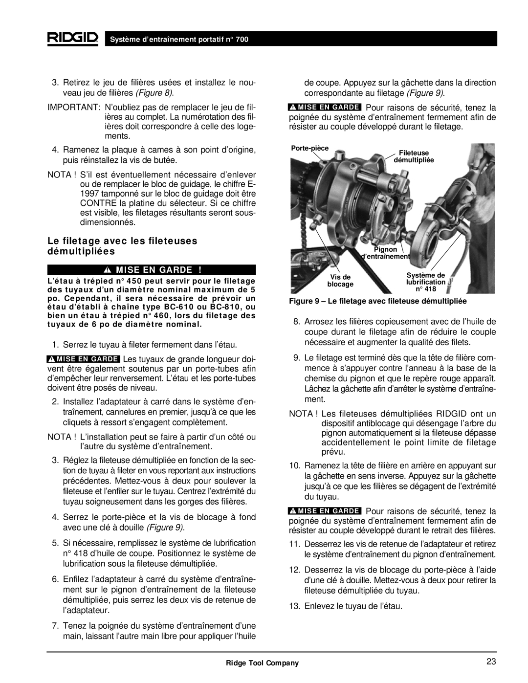 RIDGID 700 manual Le filetage avec les fileteuses démultipliées, Le filetage avec fileteuse démultipliée 