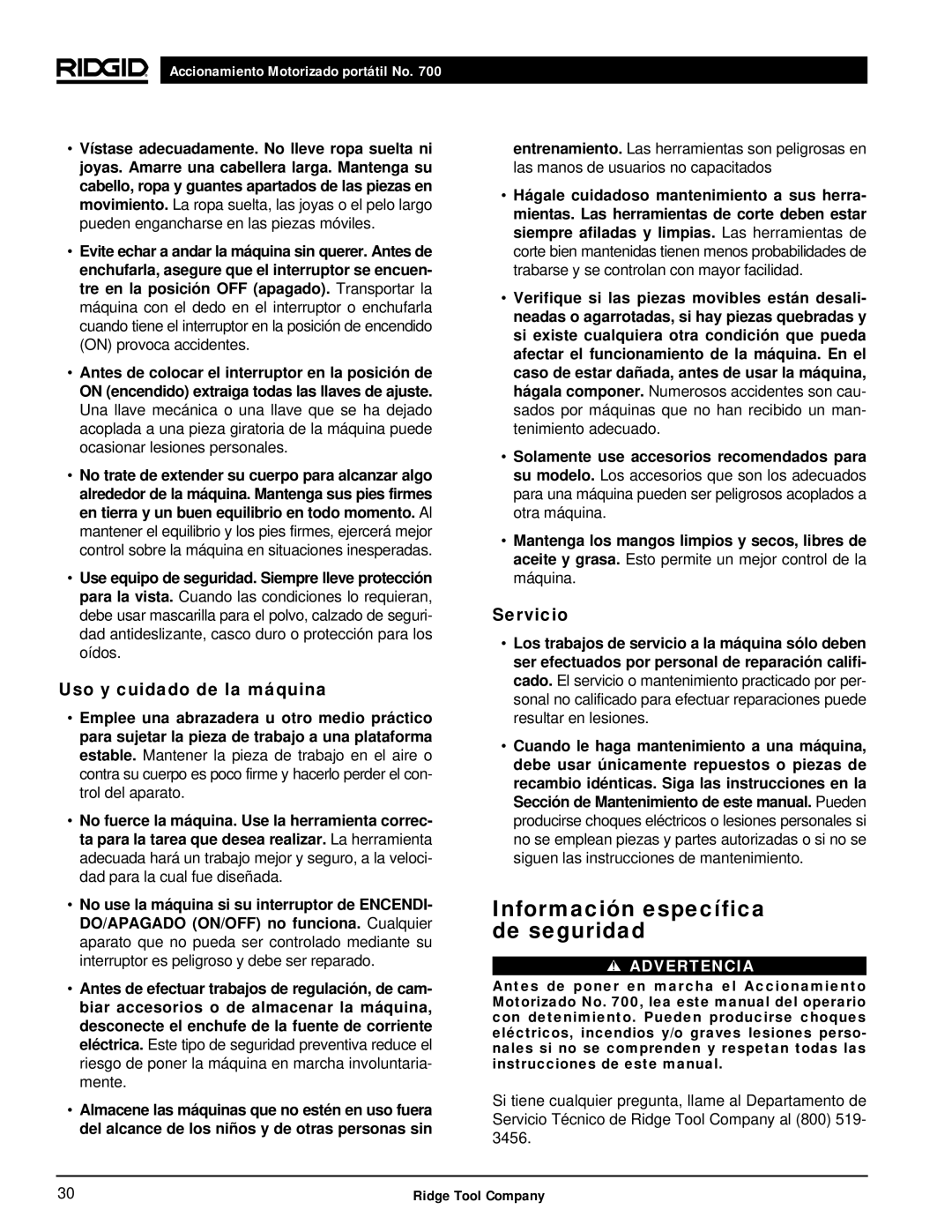 RIDGID 700 manual Información específica de seguridad, Uso y cuidado de la máquina, Servicio 