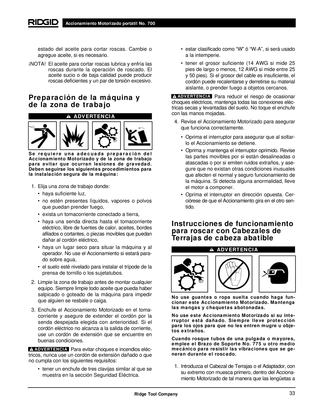 RIDGID 700 manual Preparación de la máquina y de la zona de trabajo 